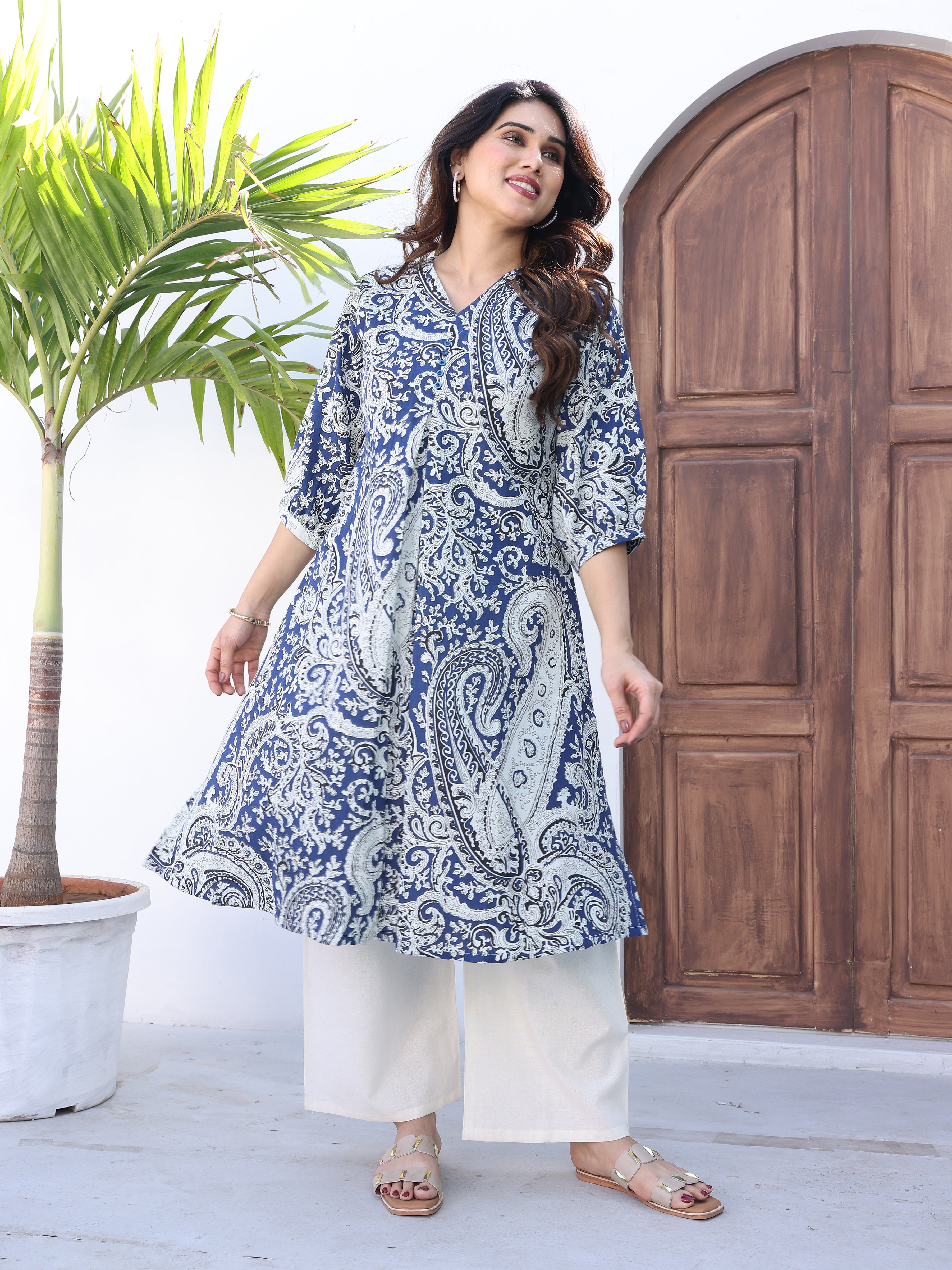 Navy Blue Ethnic Motifs Printed Kurta Palazzo Set