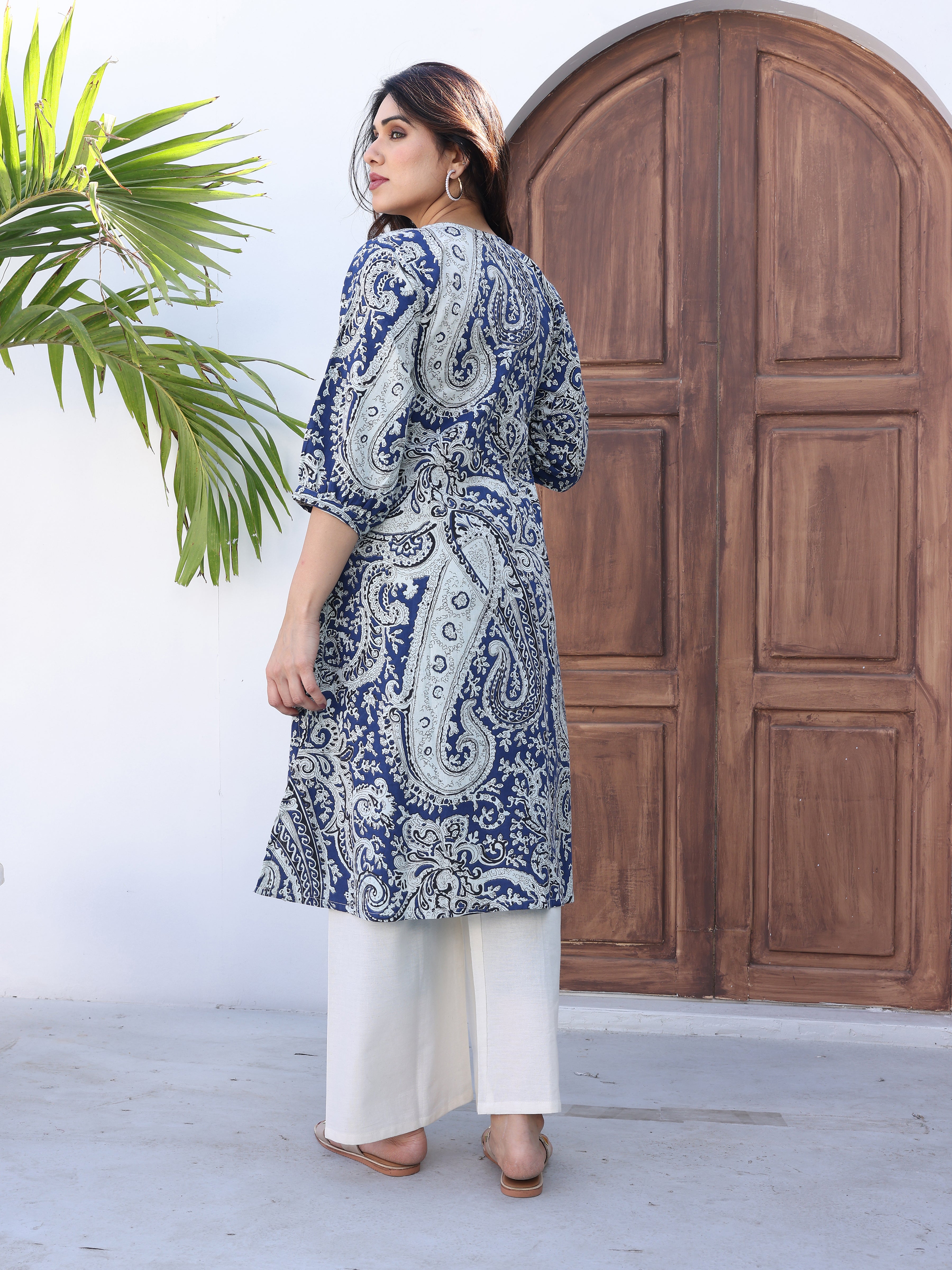 Navy Blue Ethnic Motifs Printed Kurta Palazzo Set