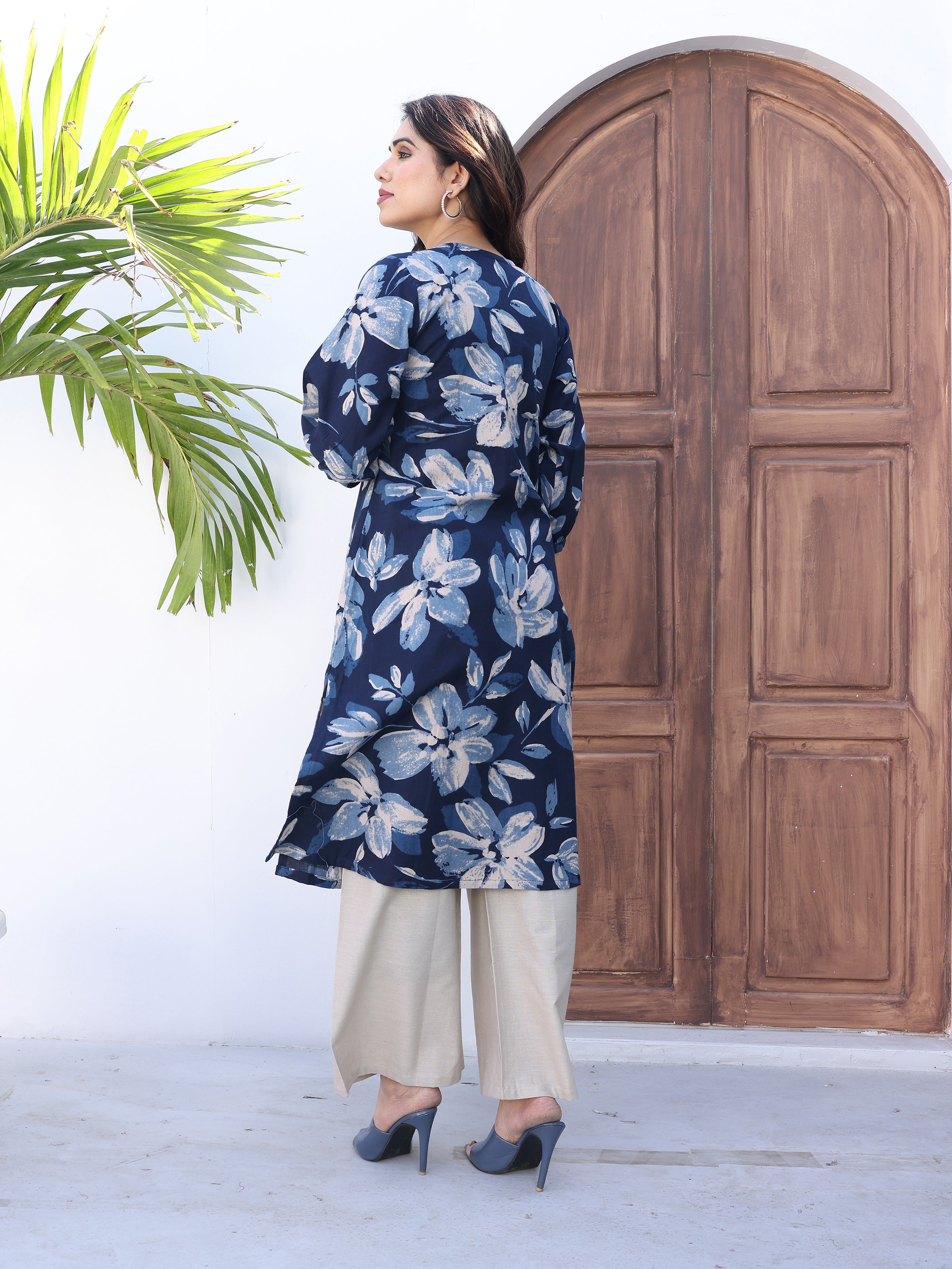 Navy Blue Printed Cotton Kurta Palazzo Set