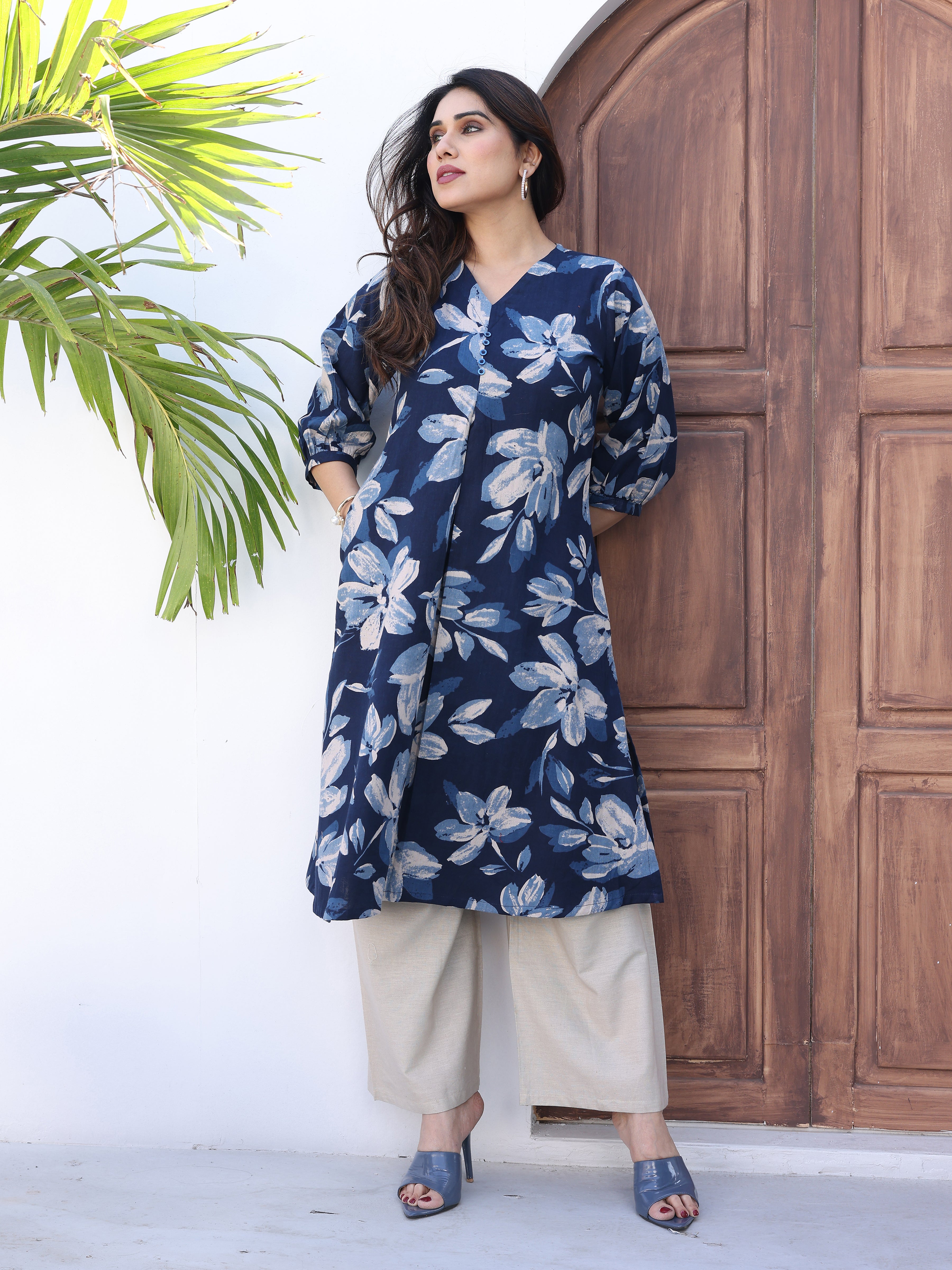 Navy Blue Printed Cotton Kurta Palazzo Set