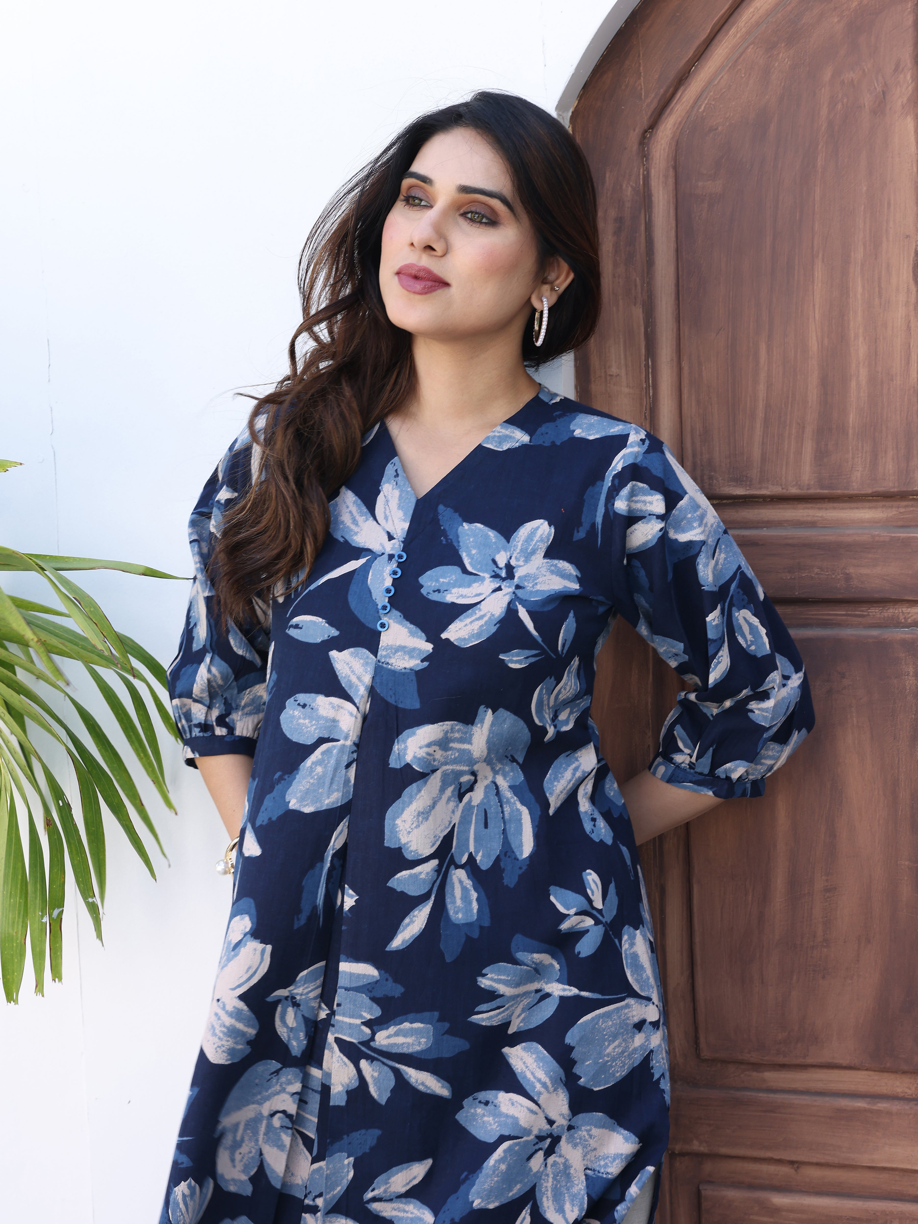 Navy Blue Printed Cotton Kurta Palazzo Set