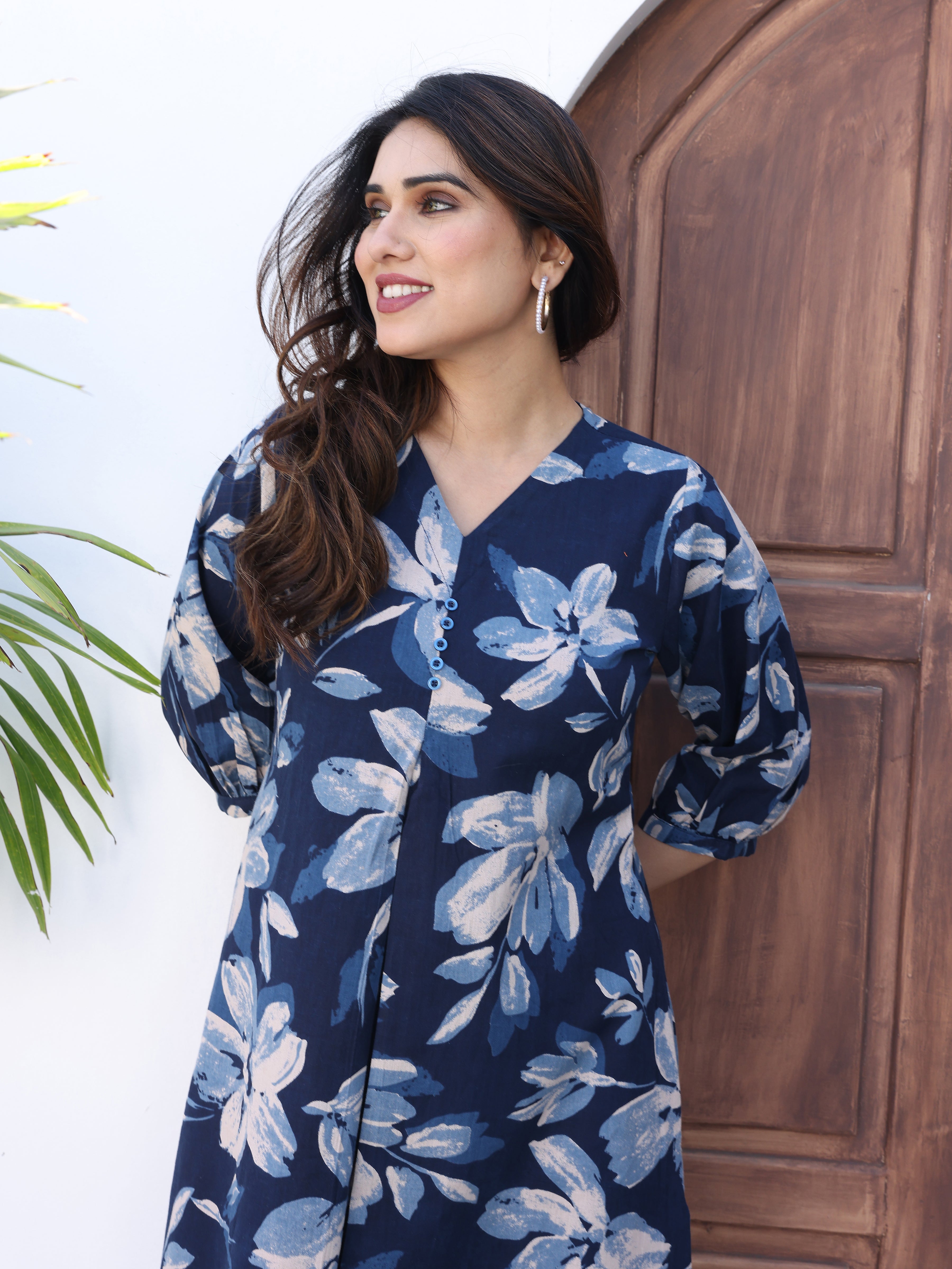 Navy Blue Printed Cotton Kurta Palazzo Set