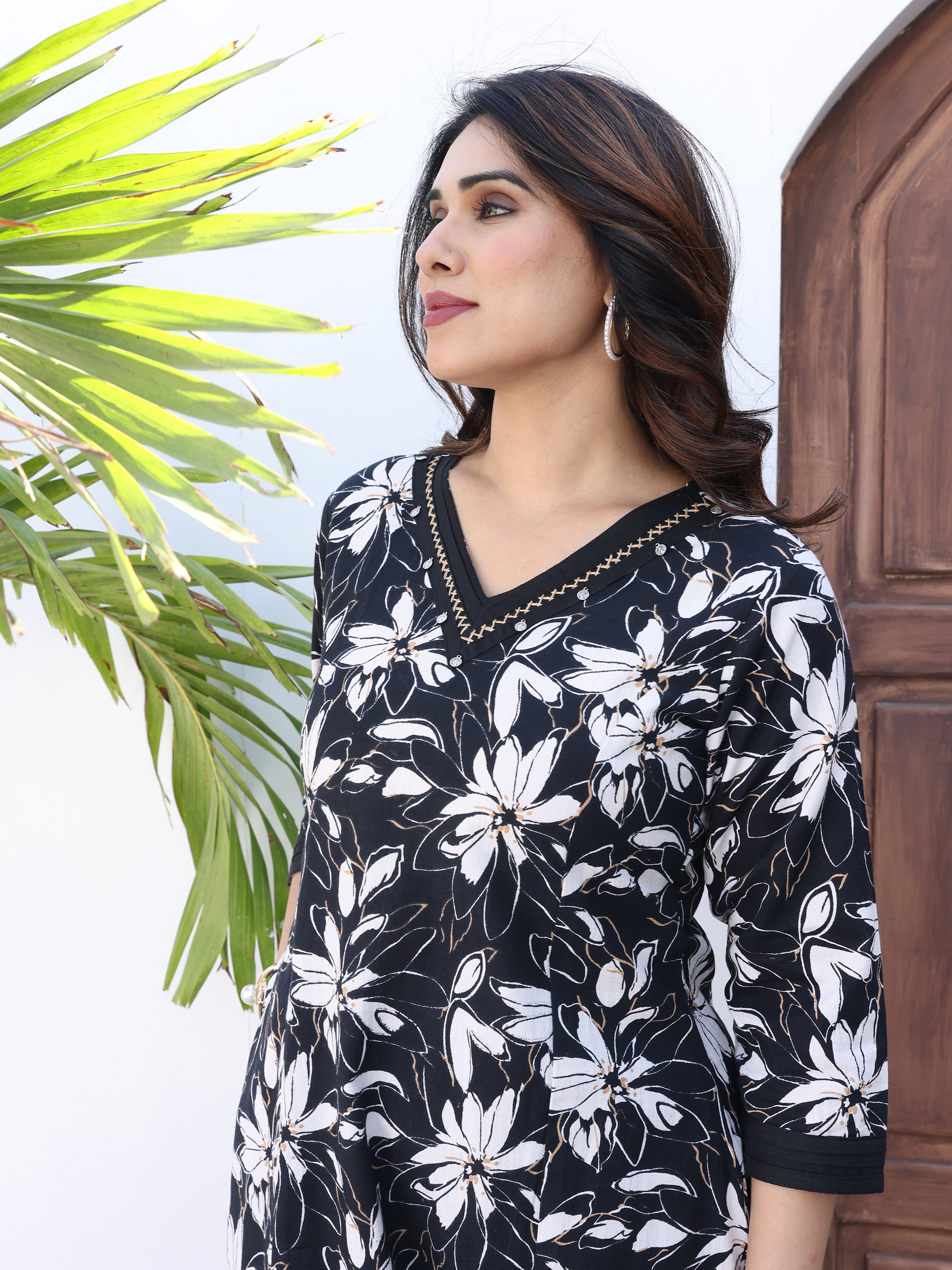 Black Floral Printed Cotton Kurta Palazzo Set