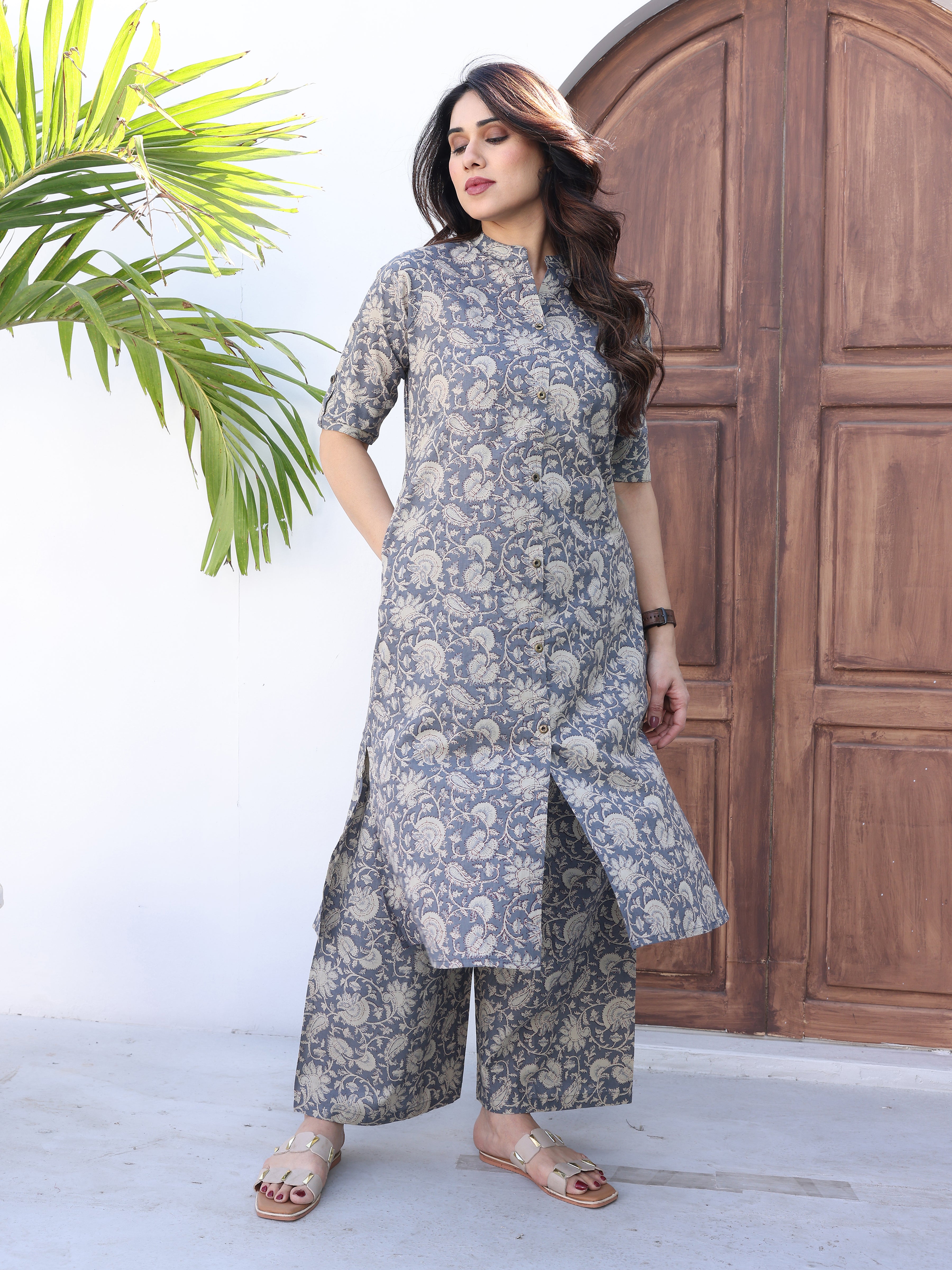Grey Ethnic Floral Printed Cotton Kurta Palazzo Set