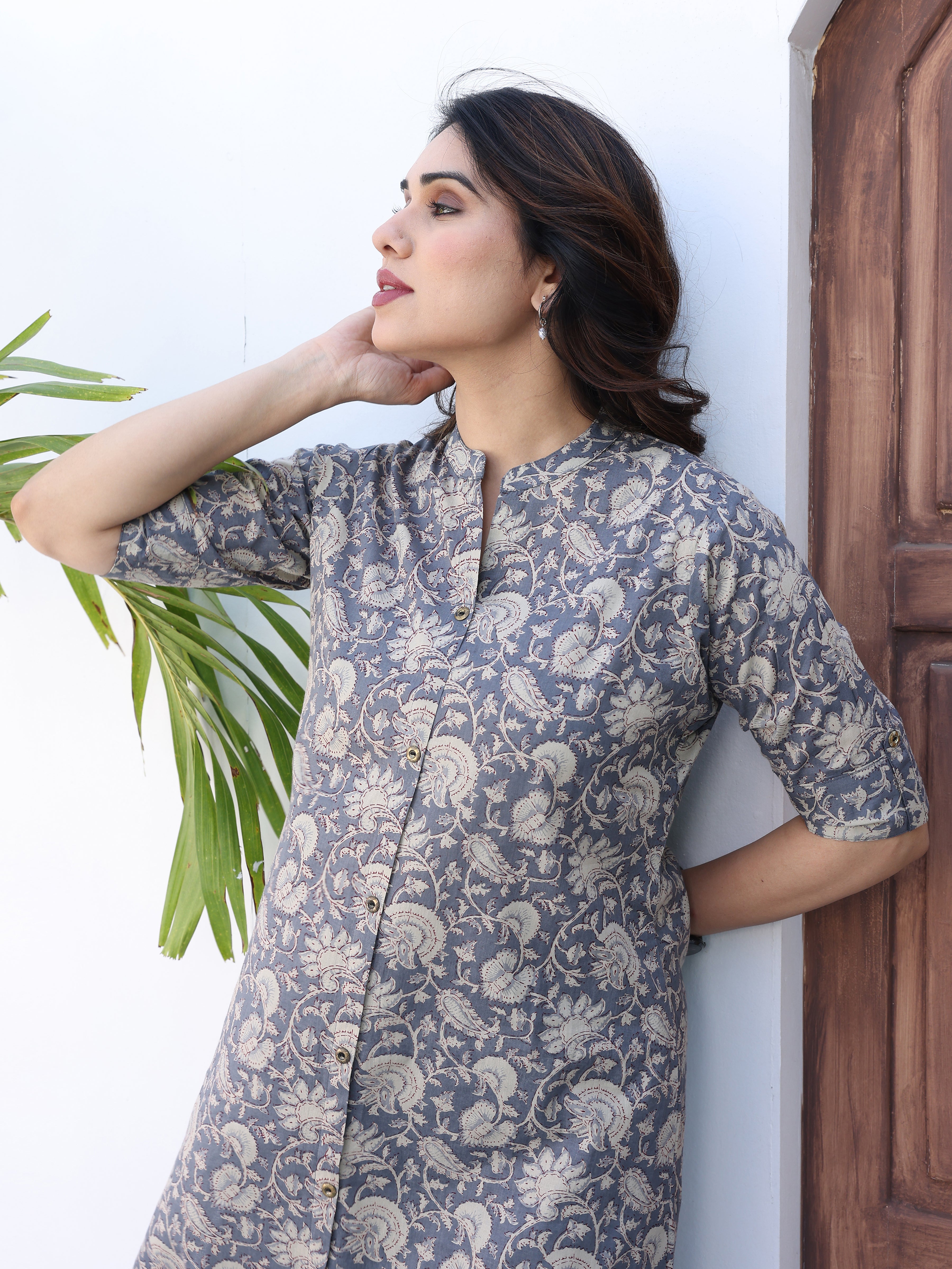Grey Ethnic Floral Printed Cotton Kurta Palazzo Set