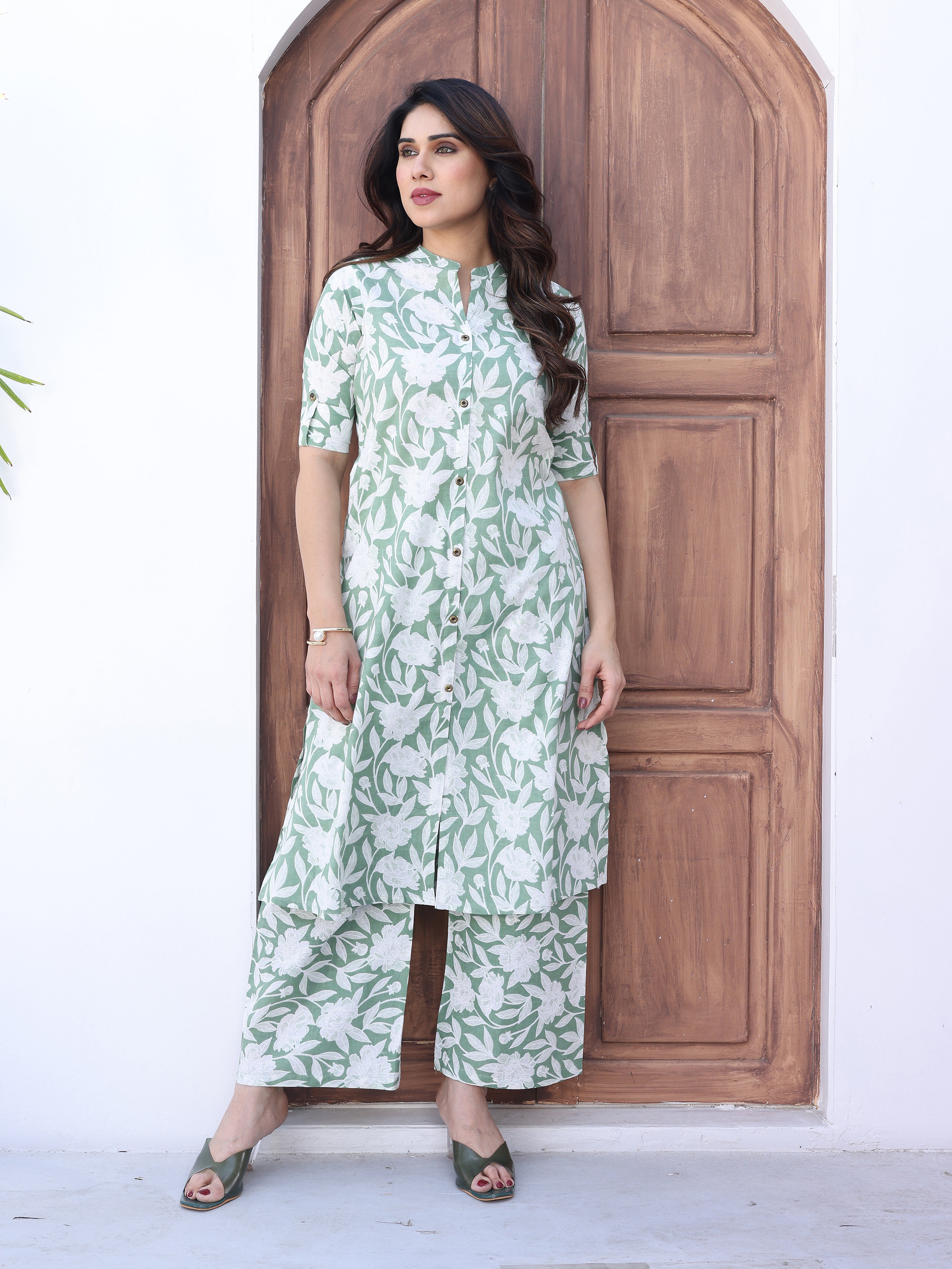 Cyan Green Ethnic Floral Printed Cotton Kurta Palazzo Set