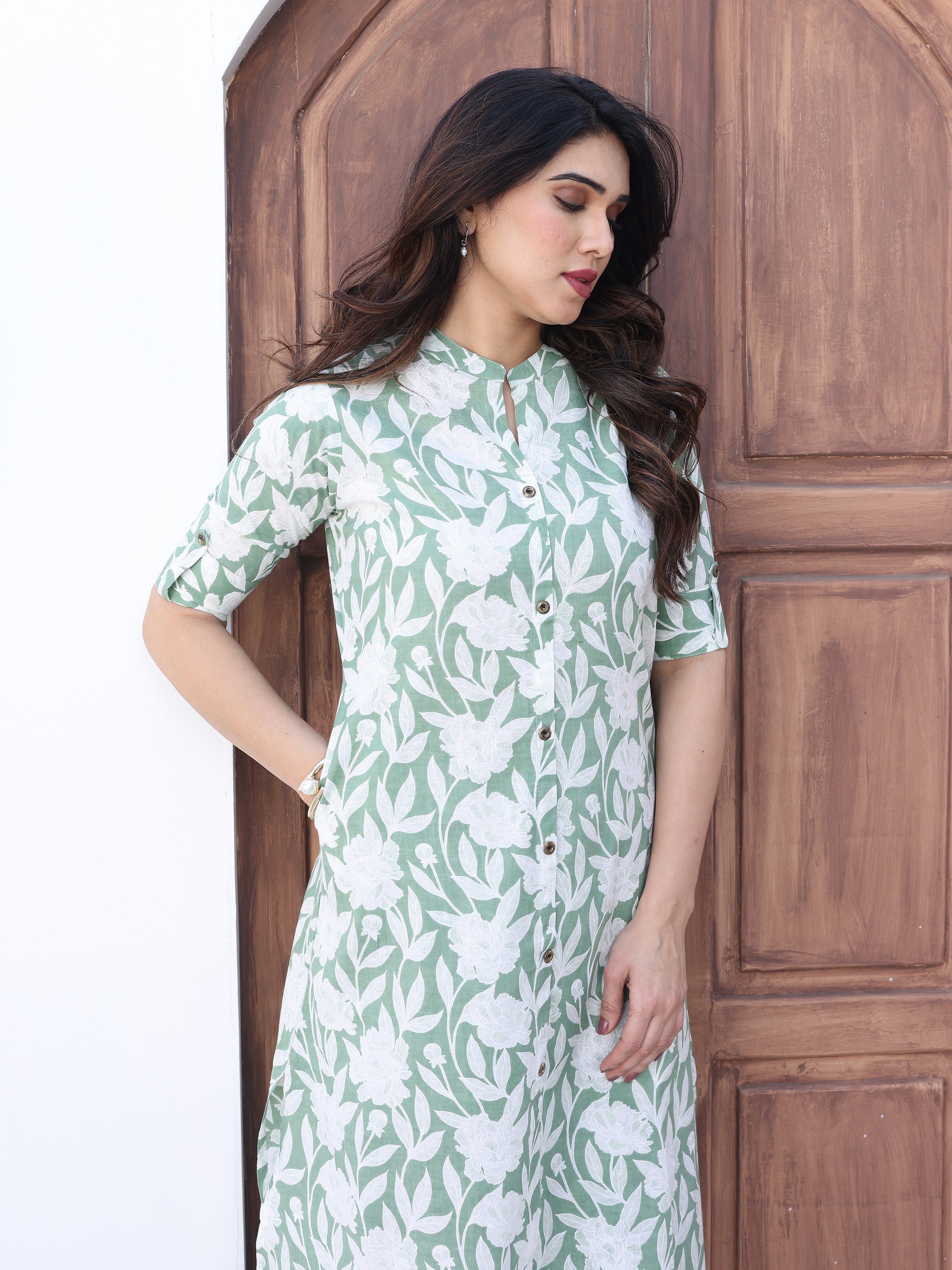 Cyan Green Ethnic Floral Printed Cotton Kurta Palazzo Set