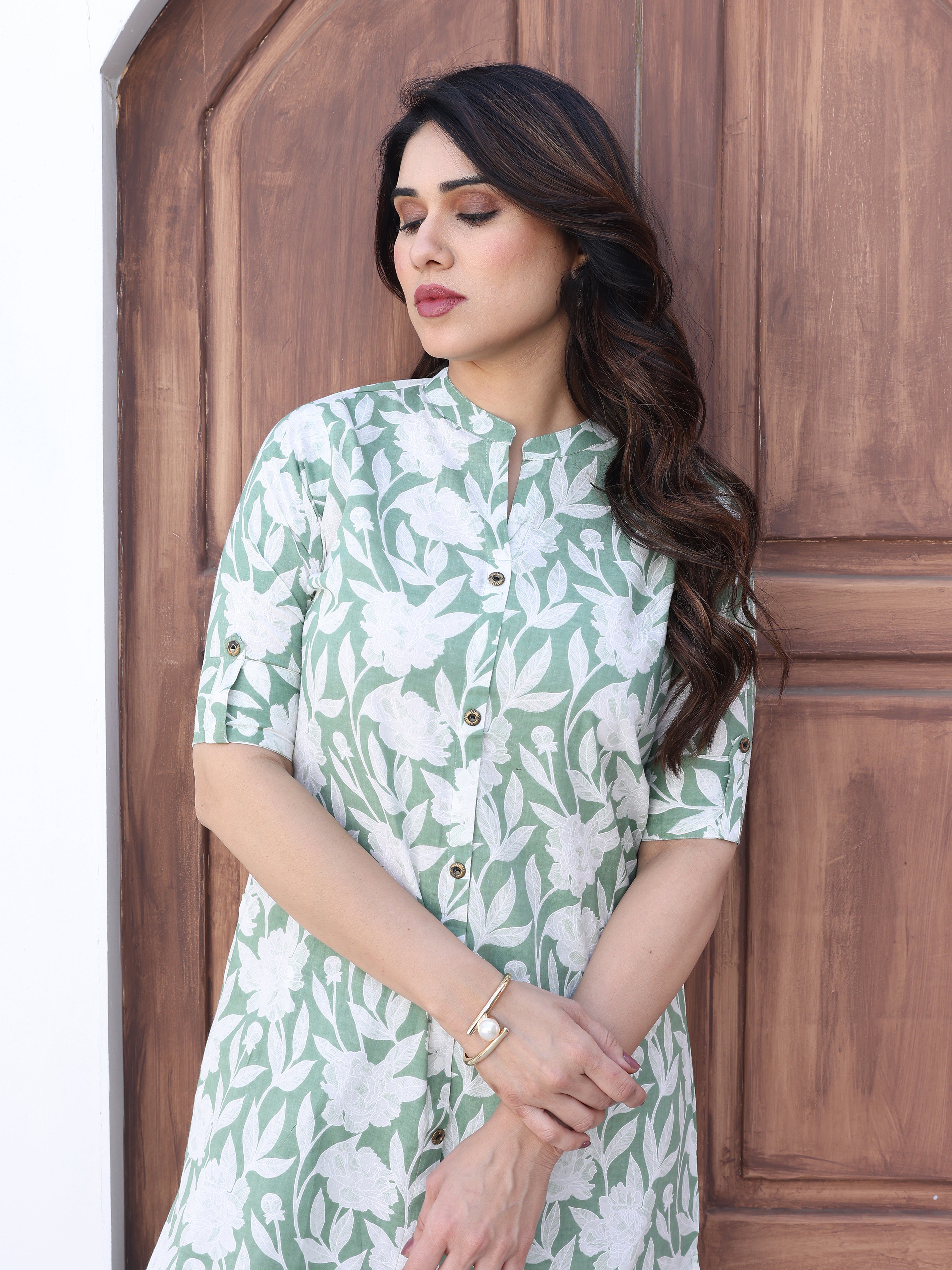 Cyan Green Ethnic Floral Printed Cotton Kurta Palazzo Set