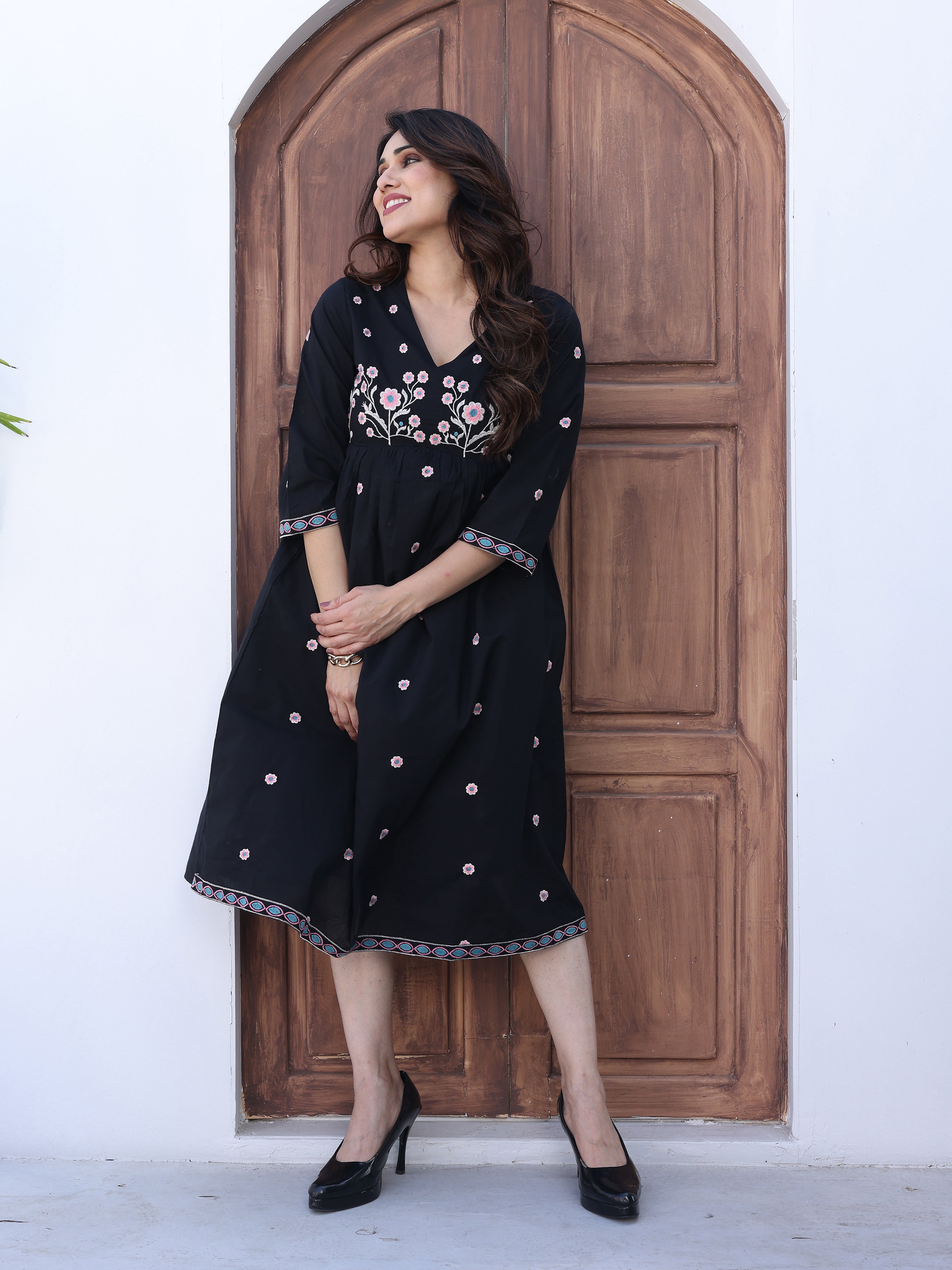 Black Floral Thread Work Embroidery Midi Dress