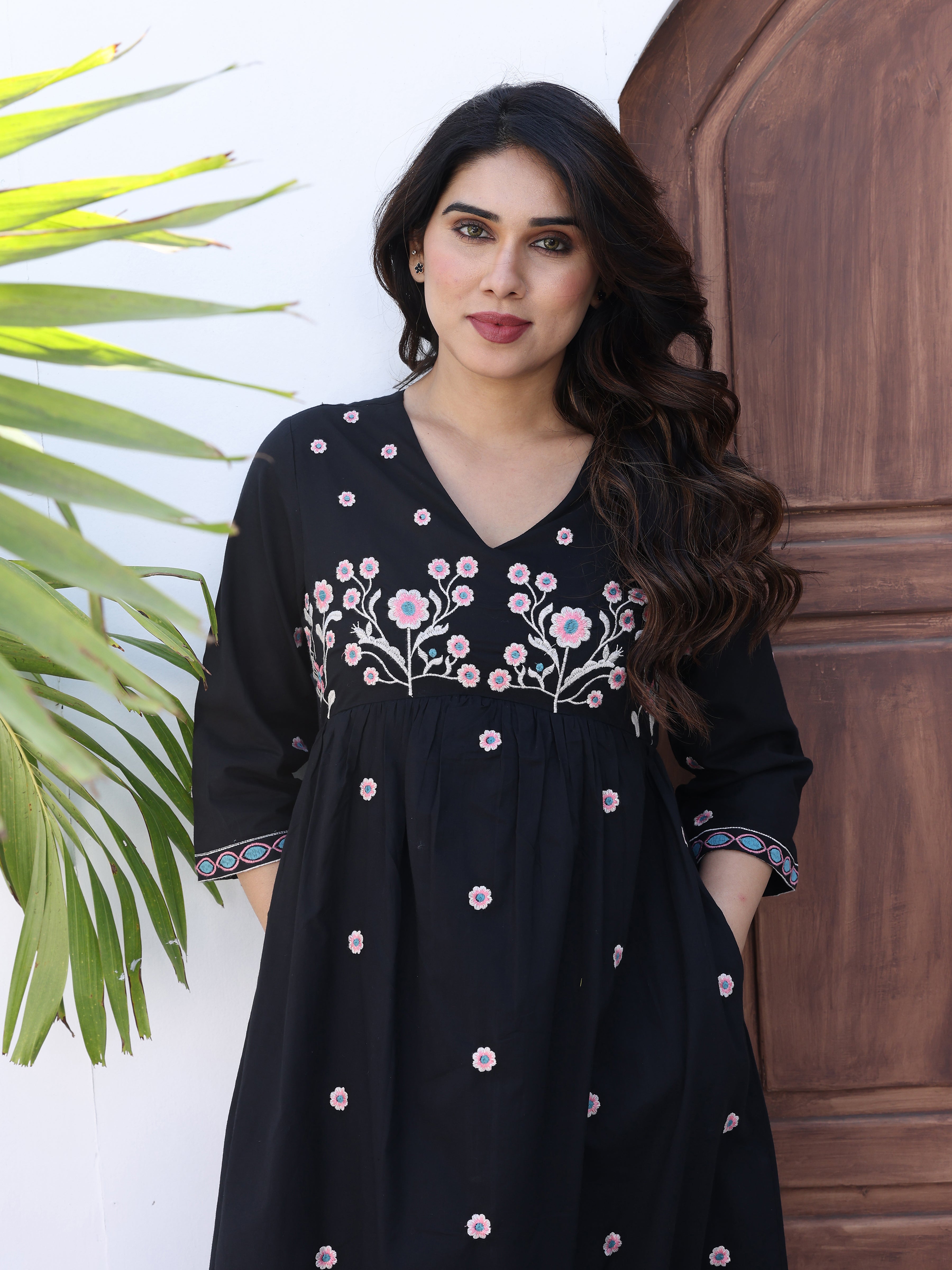 Black Floral Thread Work Embroidery Midi Dress