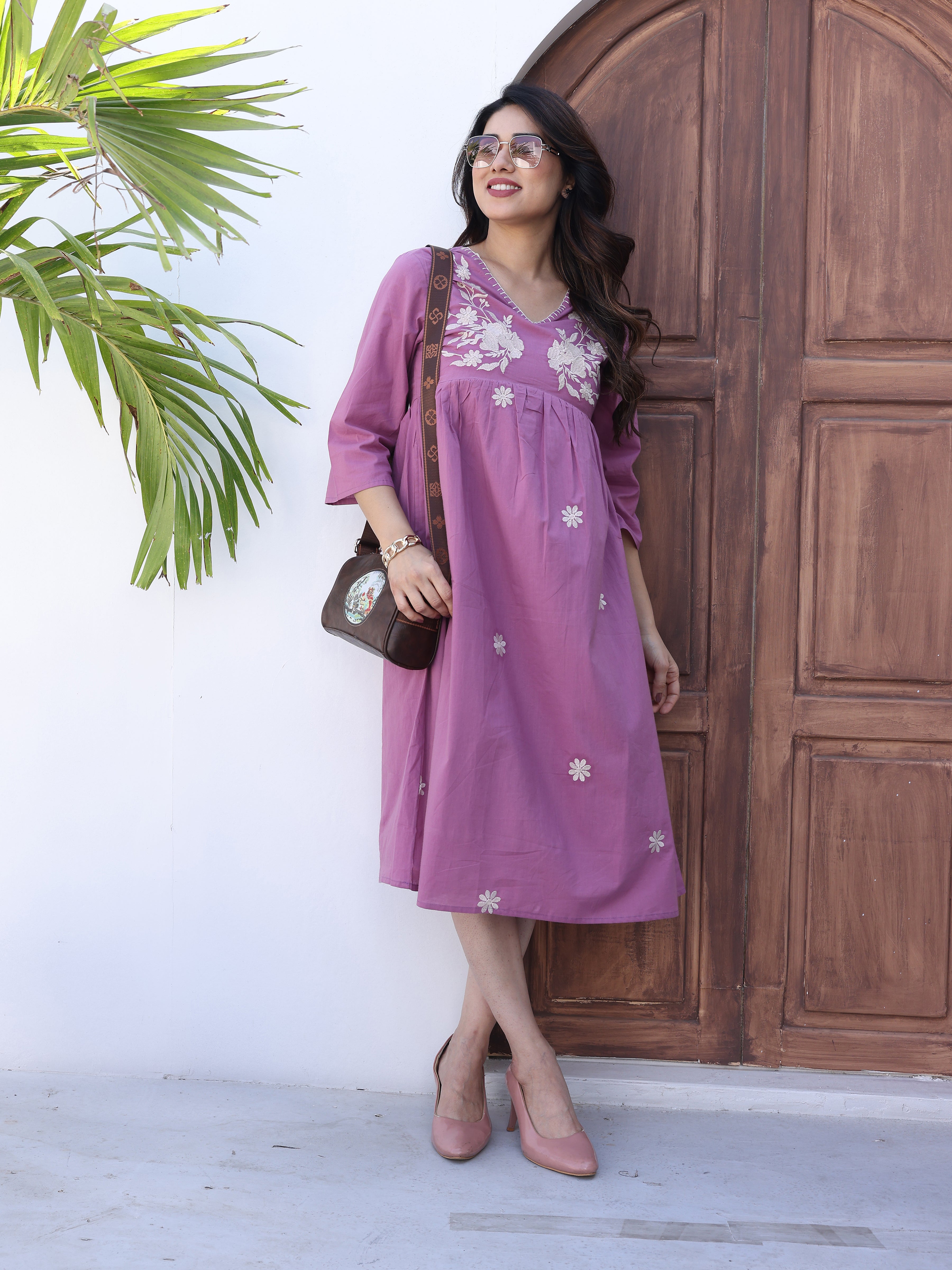 Purple Floral Embroidered Midi Dress