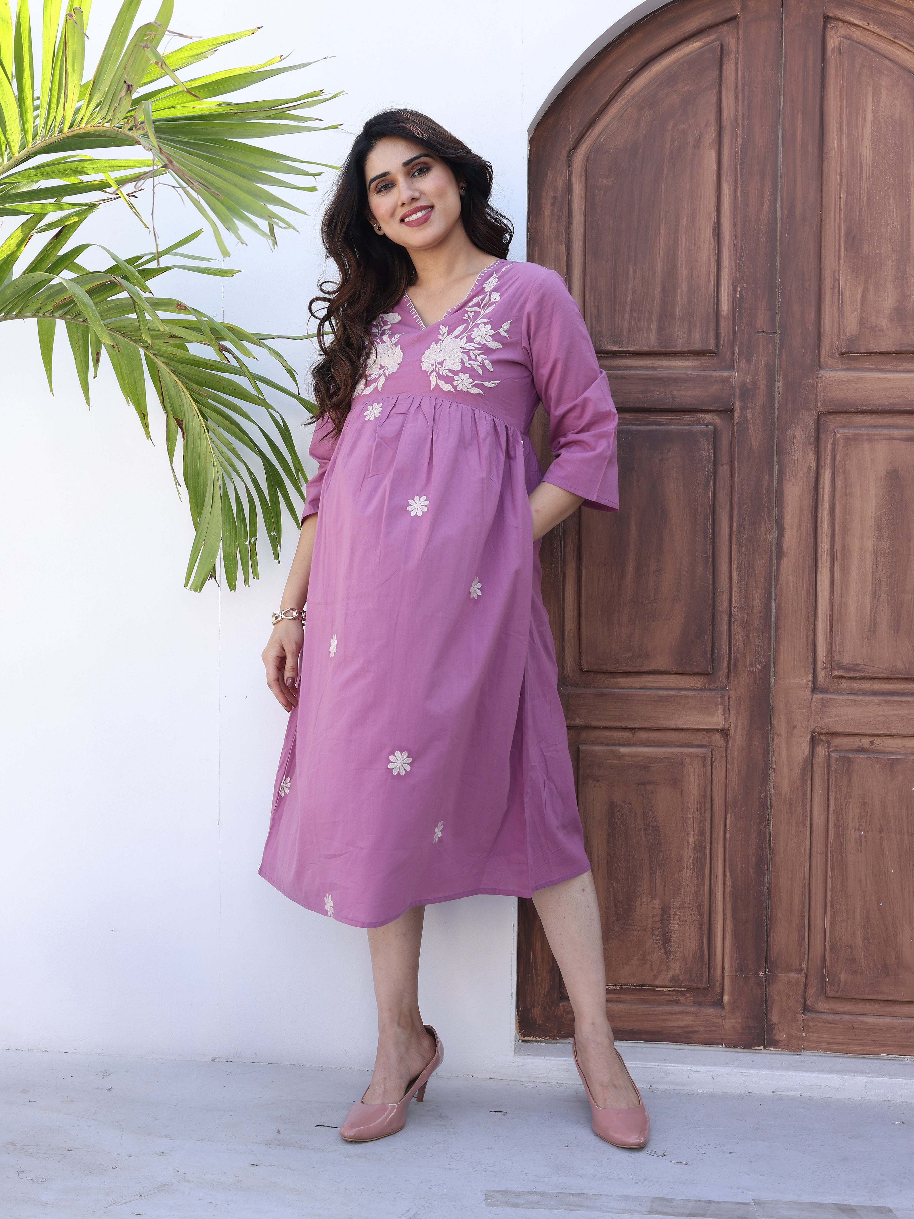 Purple Floral Embroidered Midi Dress