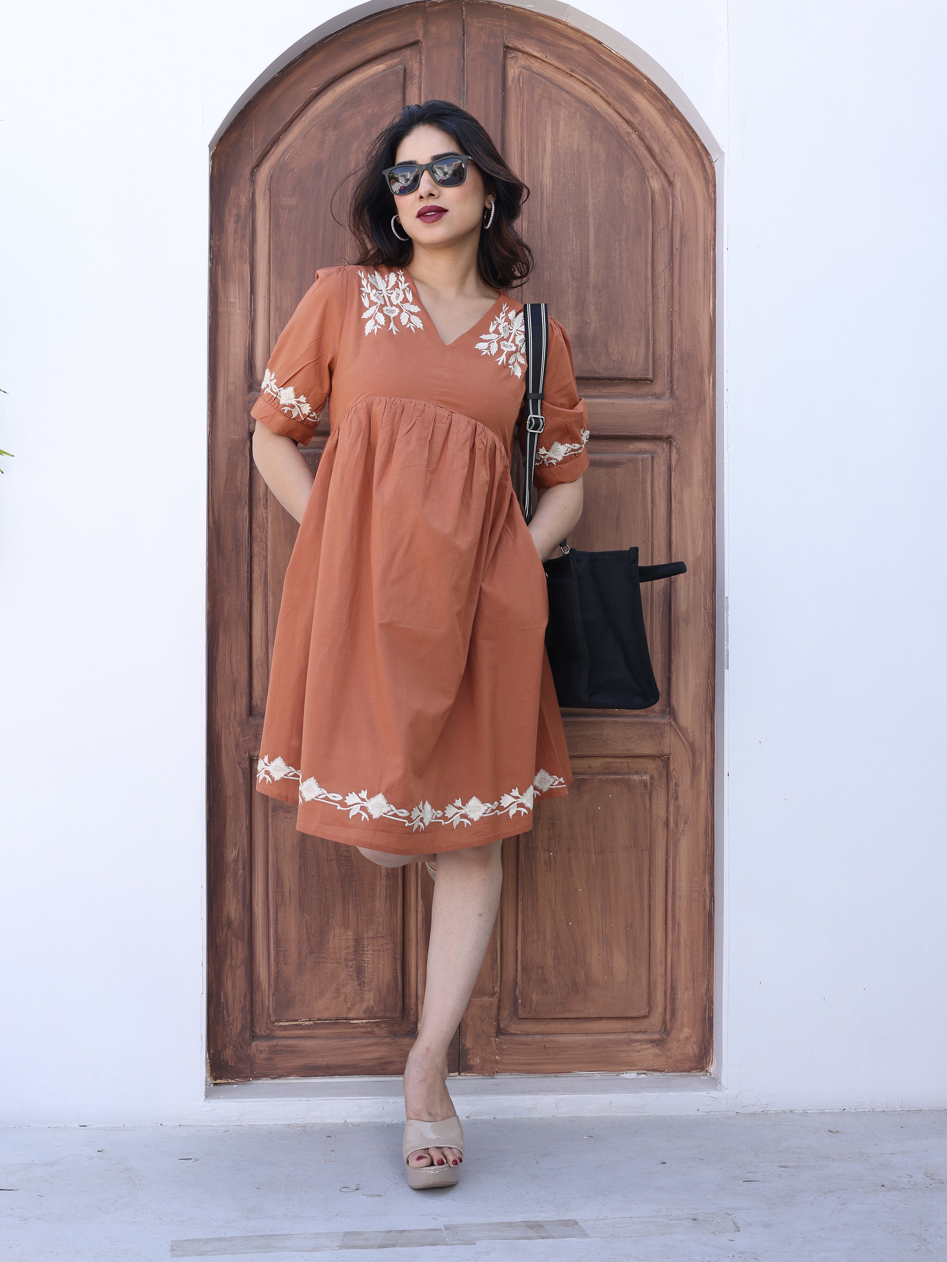 Brown Floral Ethnic Embroidered Midi Dress