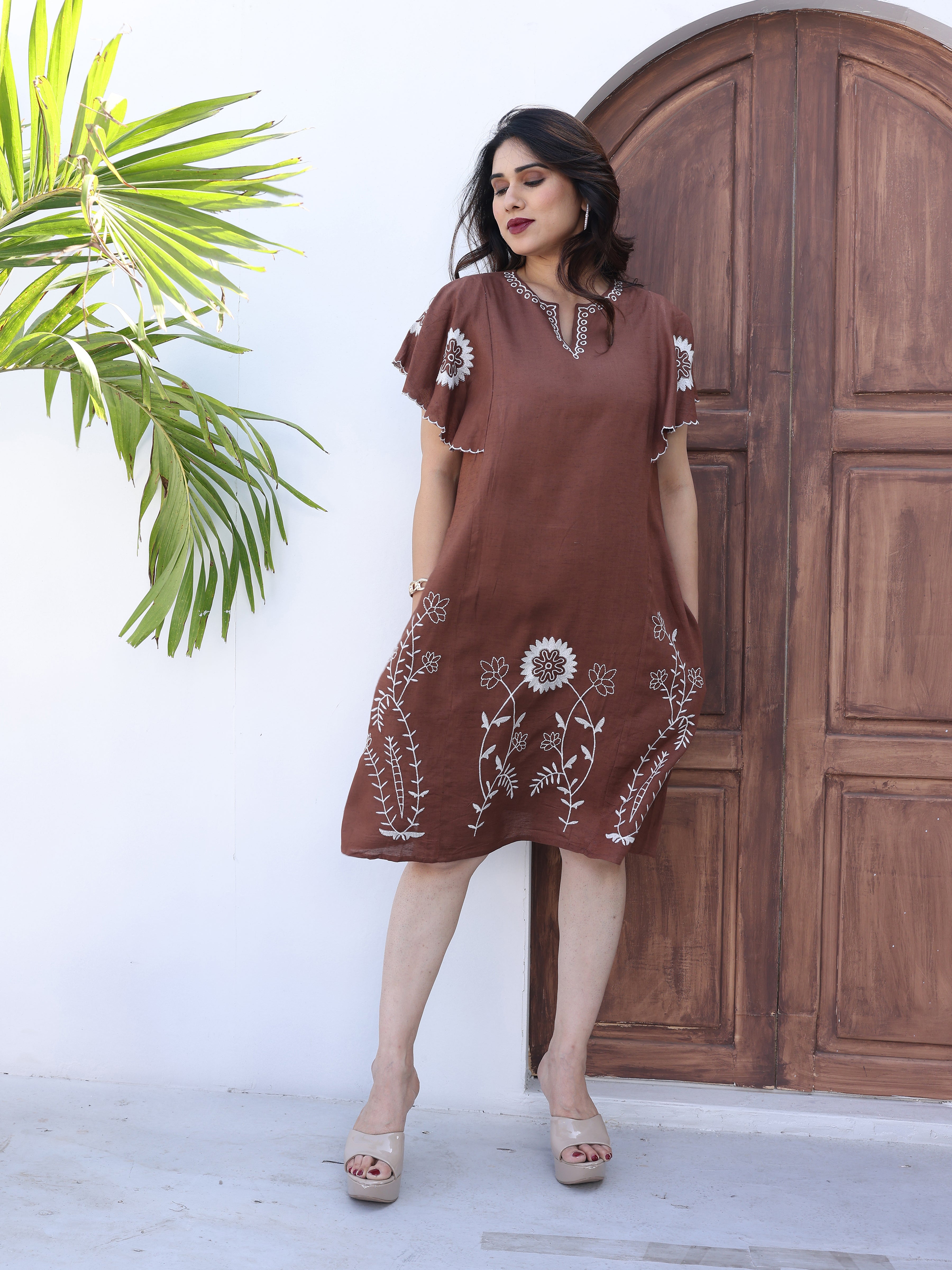 Floral Ethnic Embroidered Brown Midi Dress