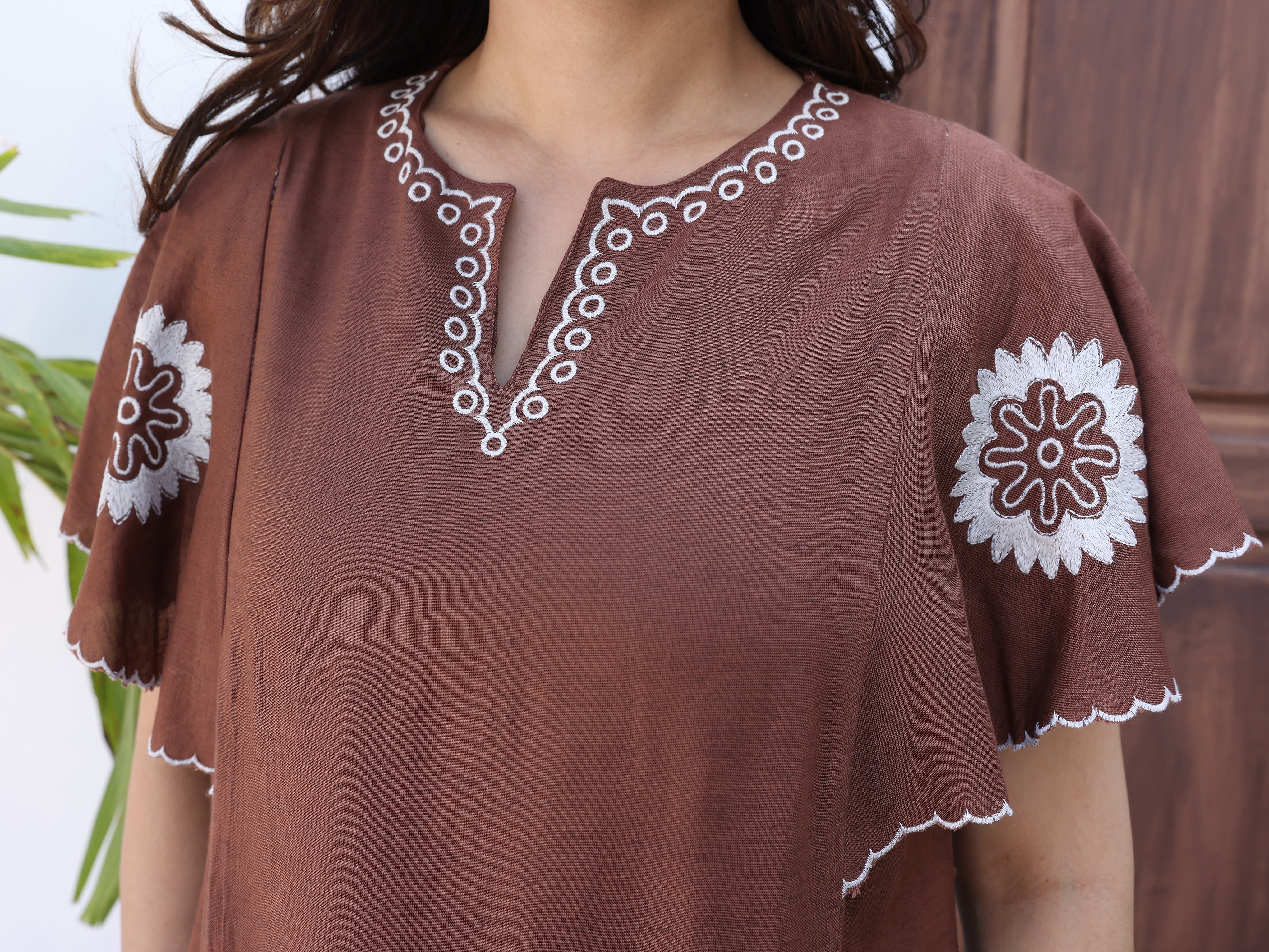 Floral Ethnic Embroidered Brown Midi Dress