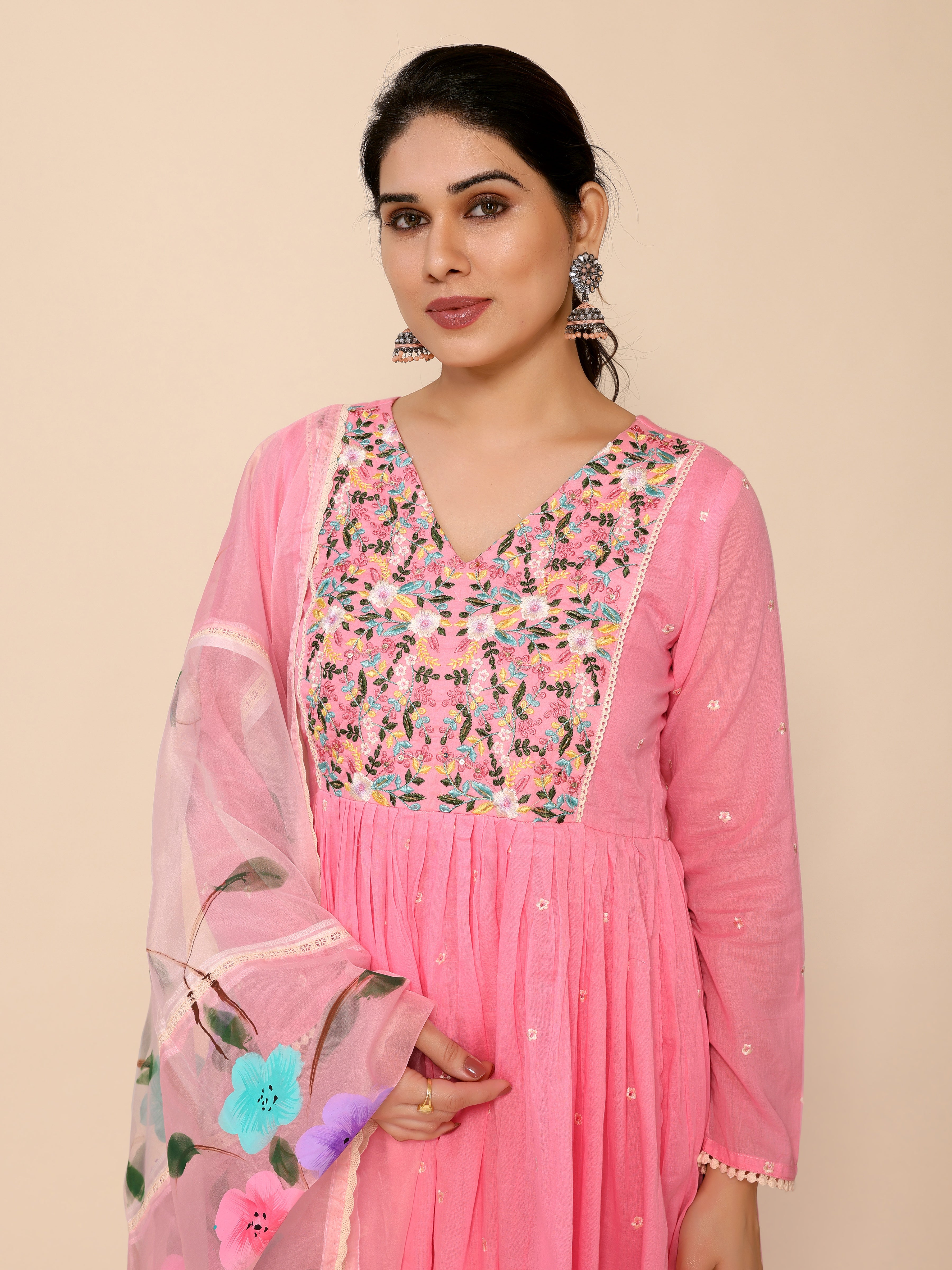 Pink Flared Floral Embroidery Printed Kurta Pant & Dupatta Set
