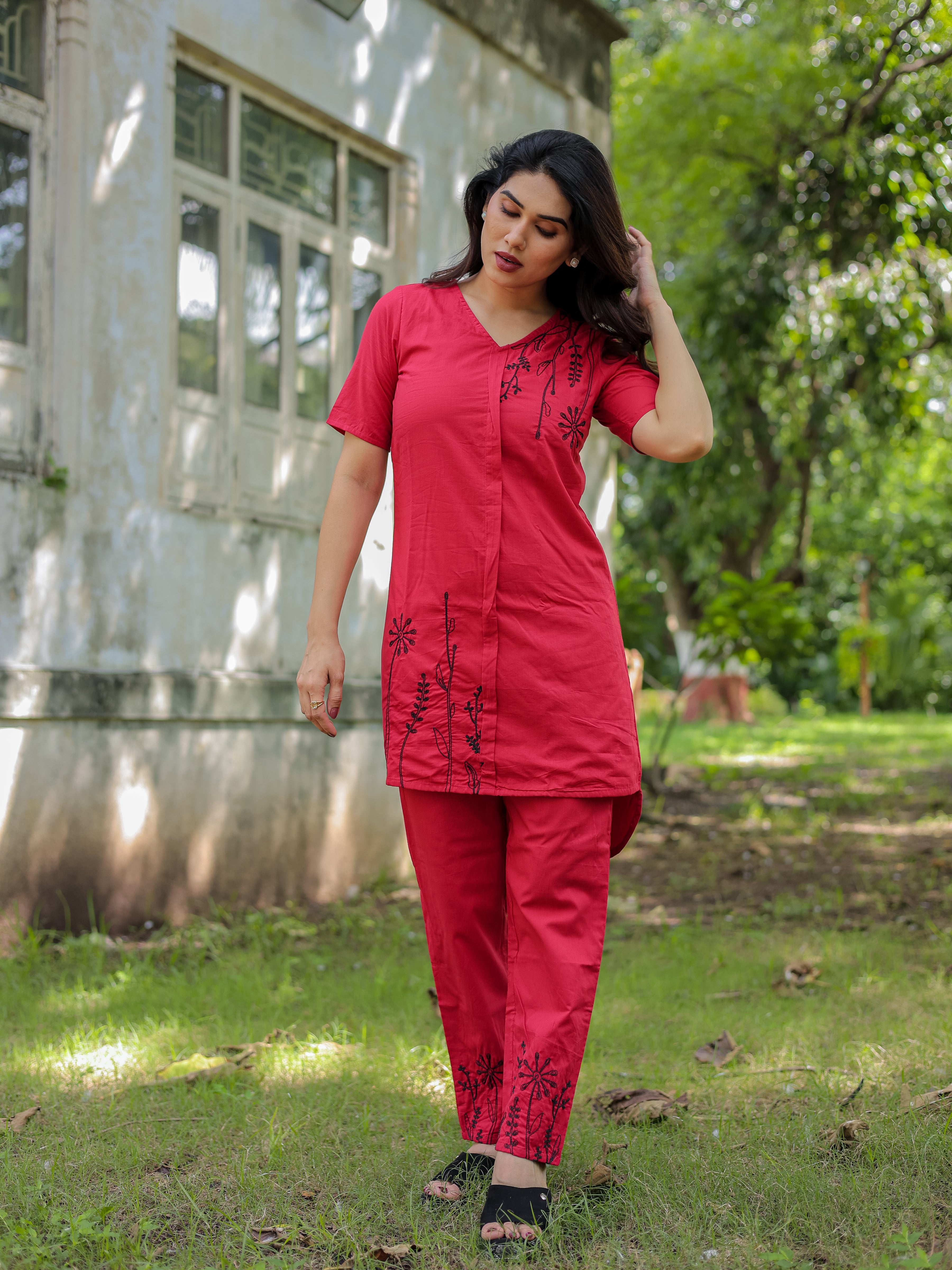 Red Floral Embroidery Cotton Co-ords Set