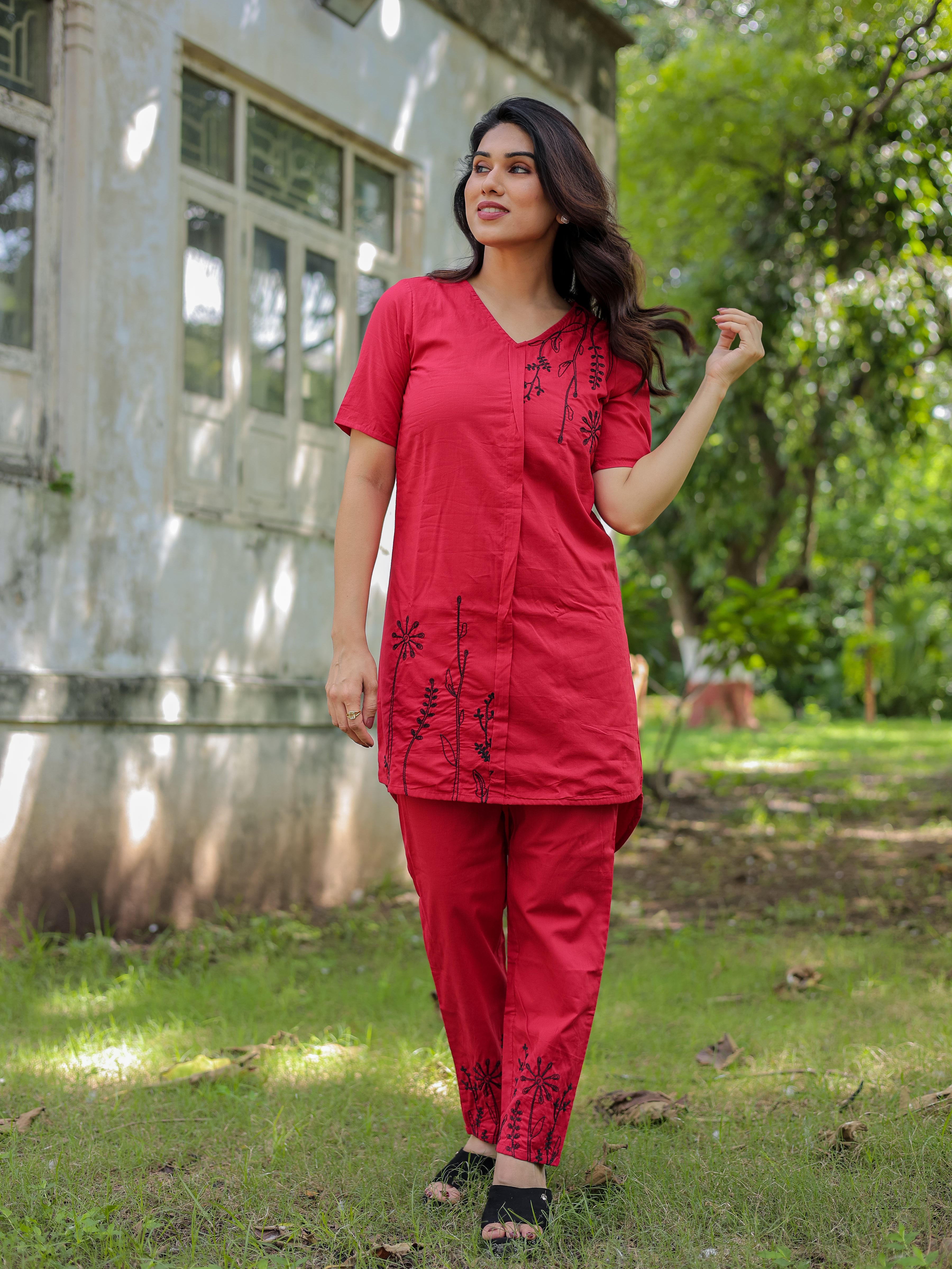 Red Floral Embroidery Cotton Co-ords Set