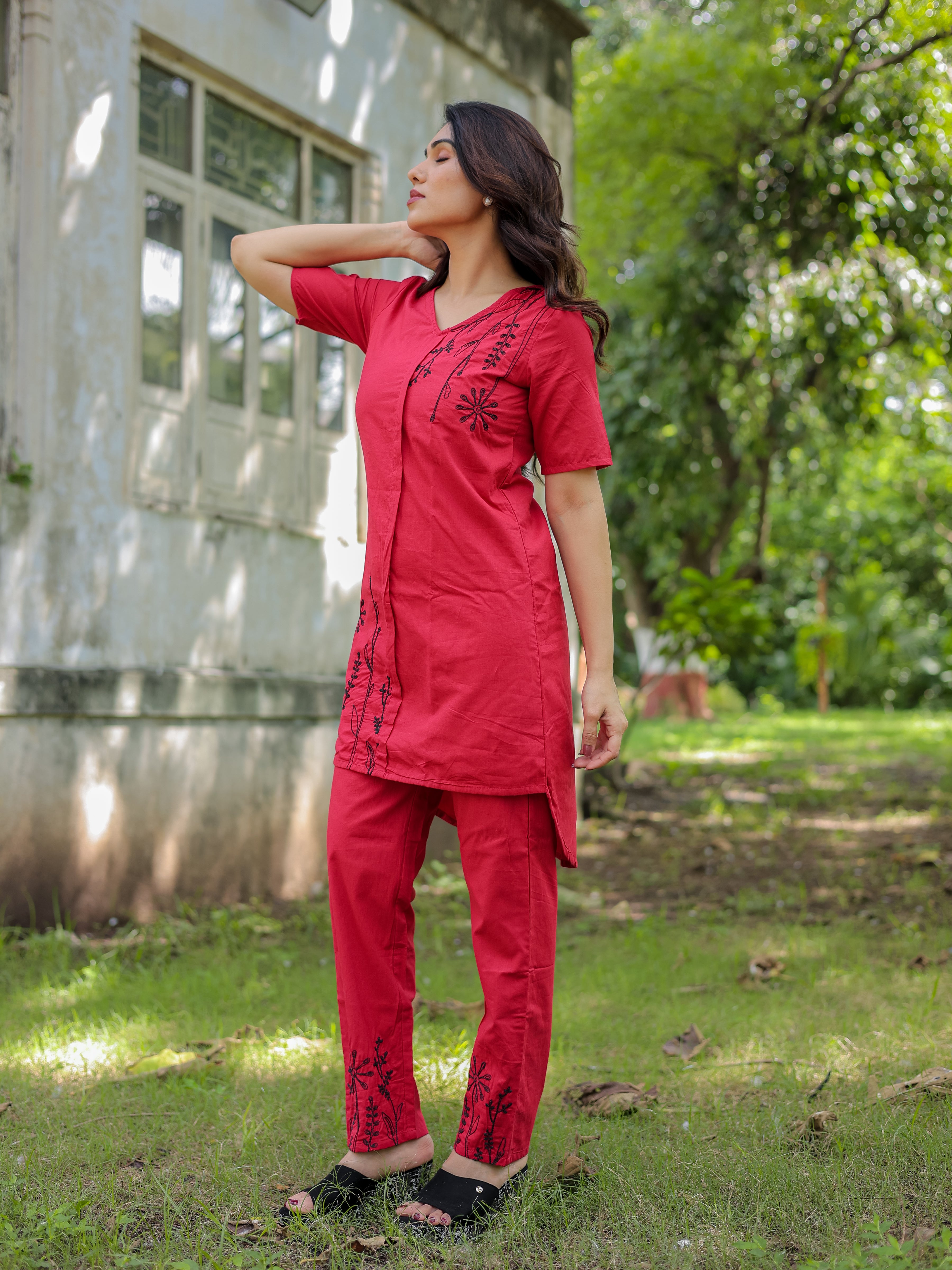 Red Floral Embroidery Cotton Co-ords Set