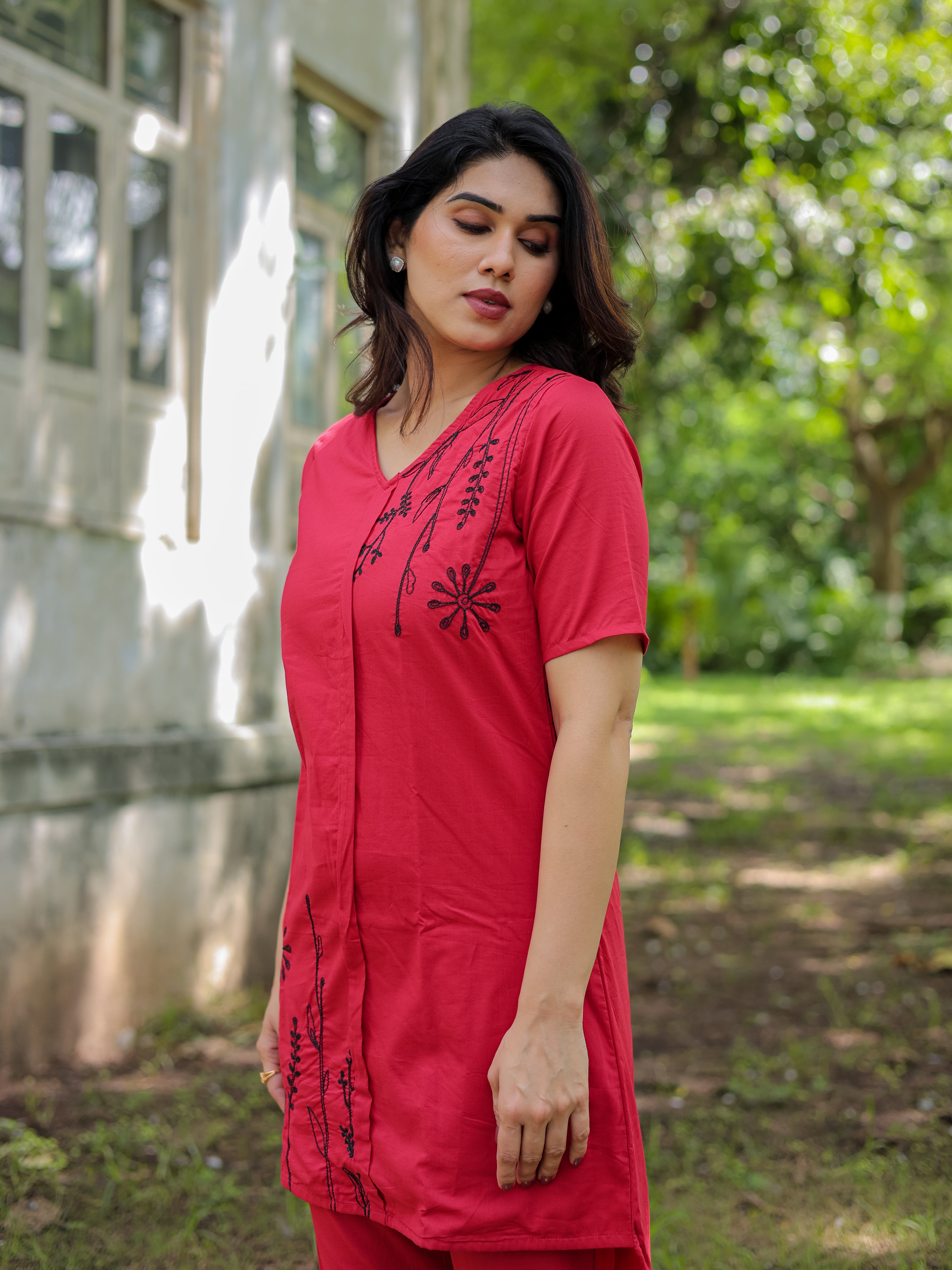 Red Floral Embroidery Cotton Co-ords Set