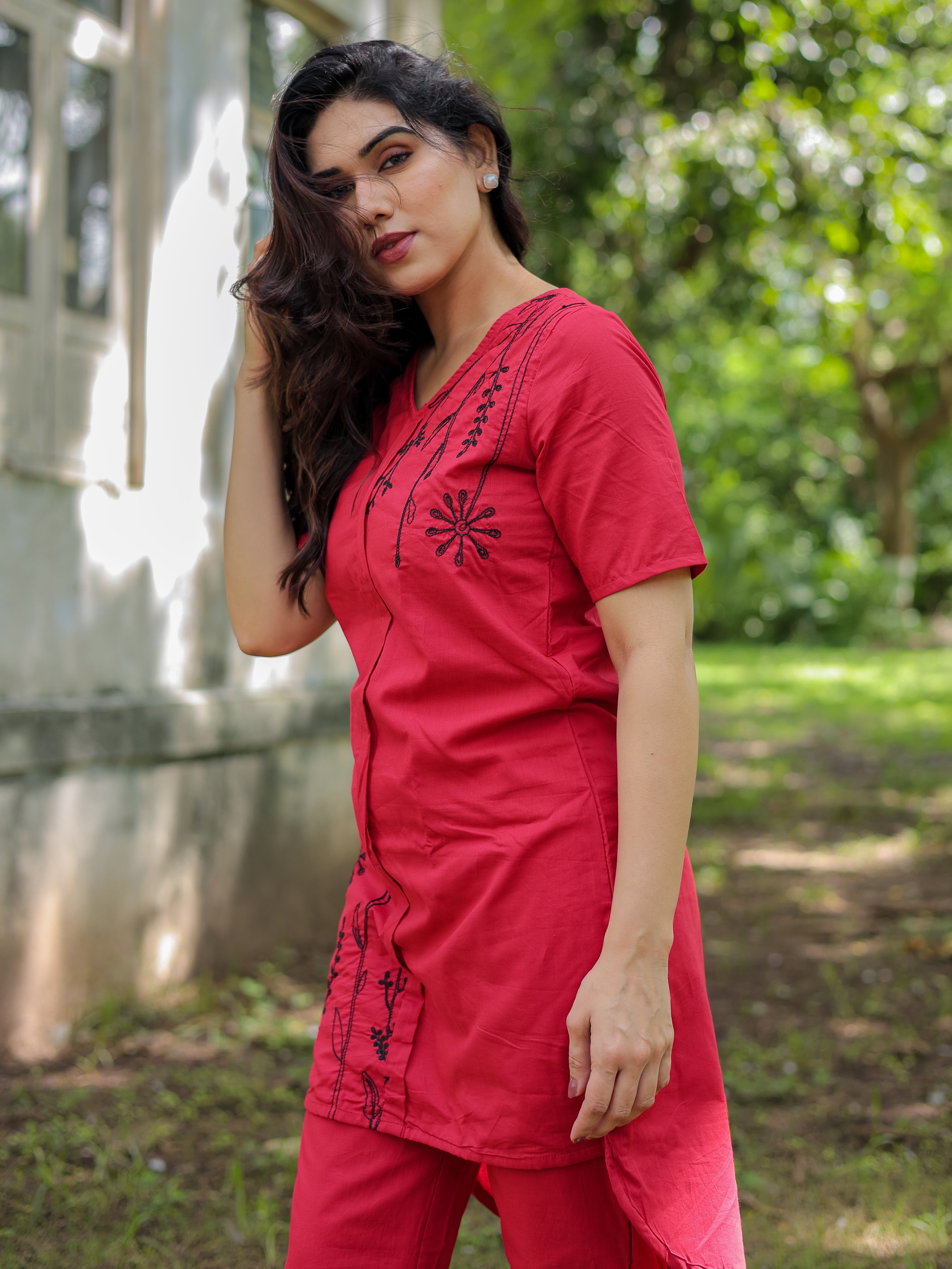 Red Floral Embroidery Cotton Co-ords Set