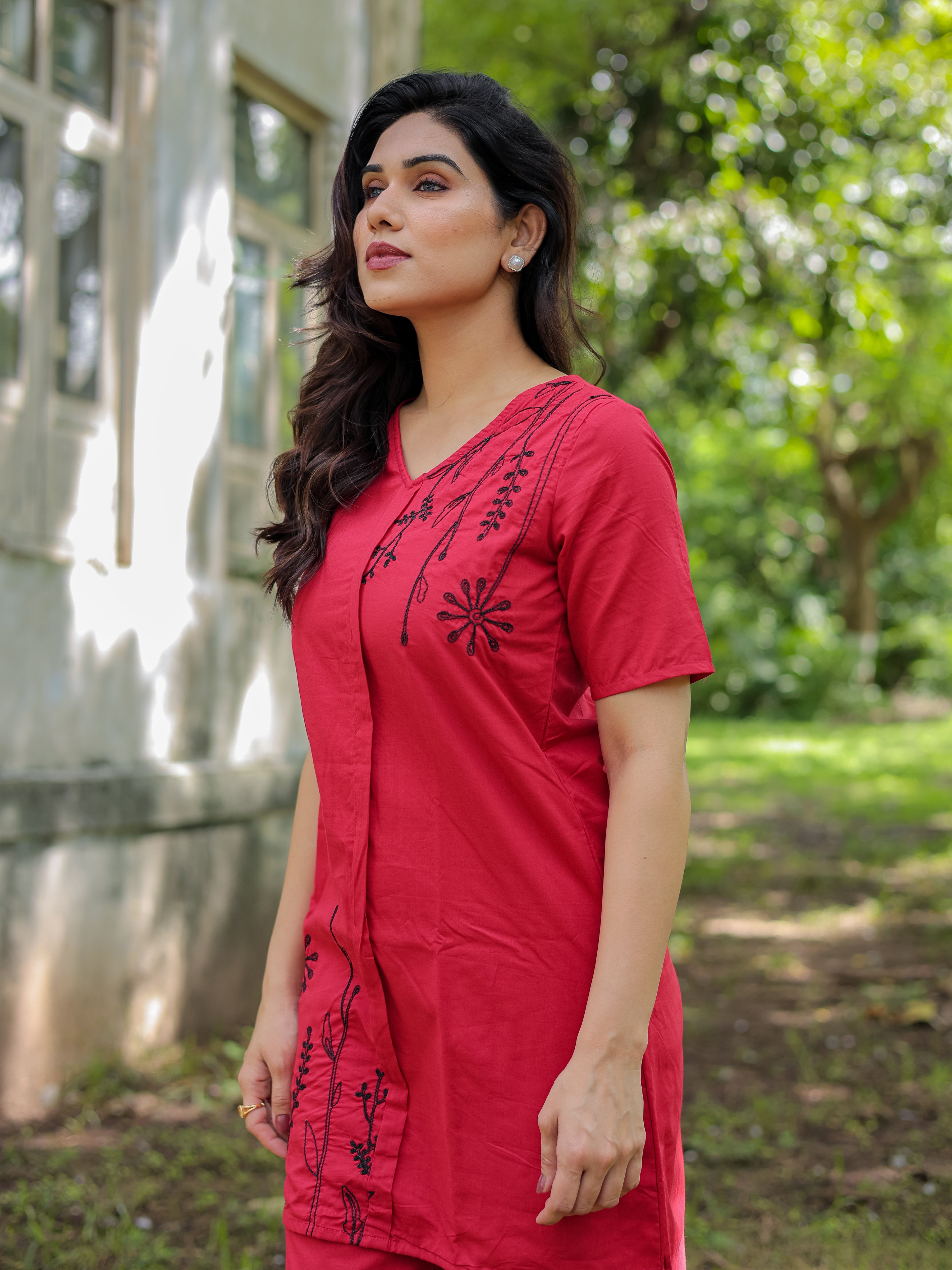 Red Floral Embroidery Cotton Co-ords Set