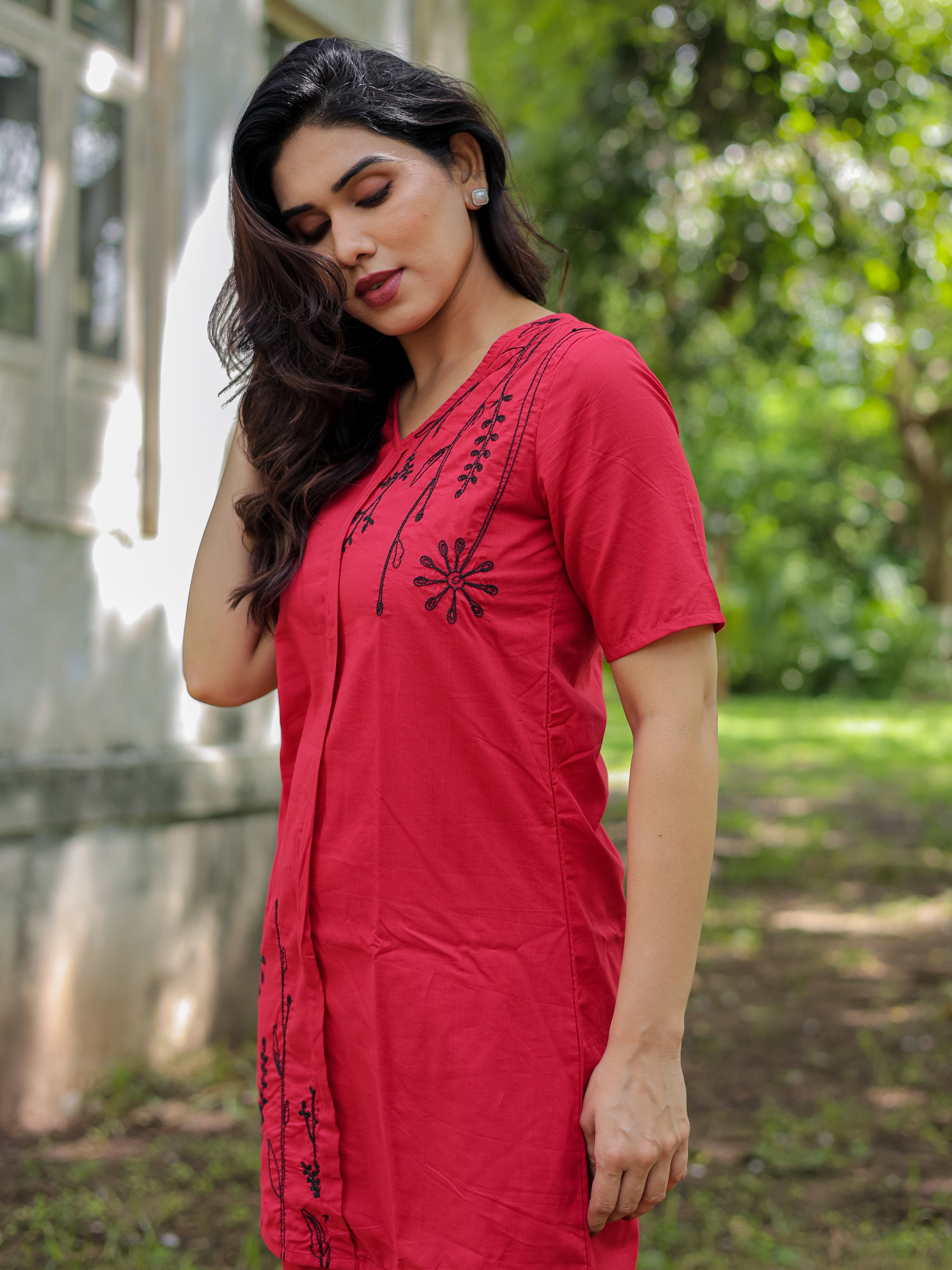 Red Floral Embroidery Cotton Co-ords Set