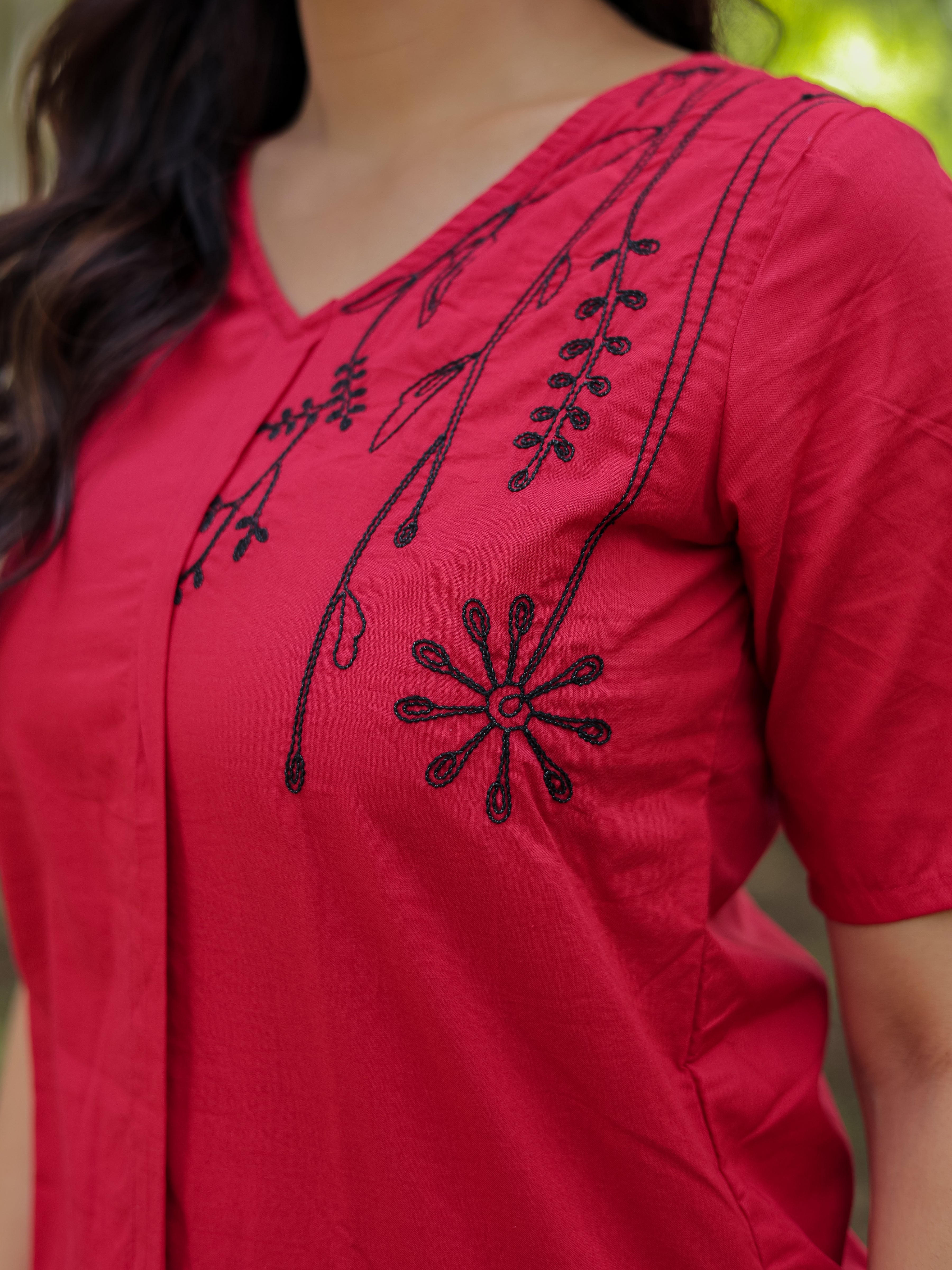 Red Floral Embroidery Cotton Co-ords Set