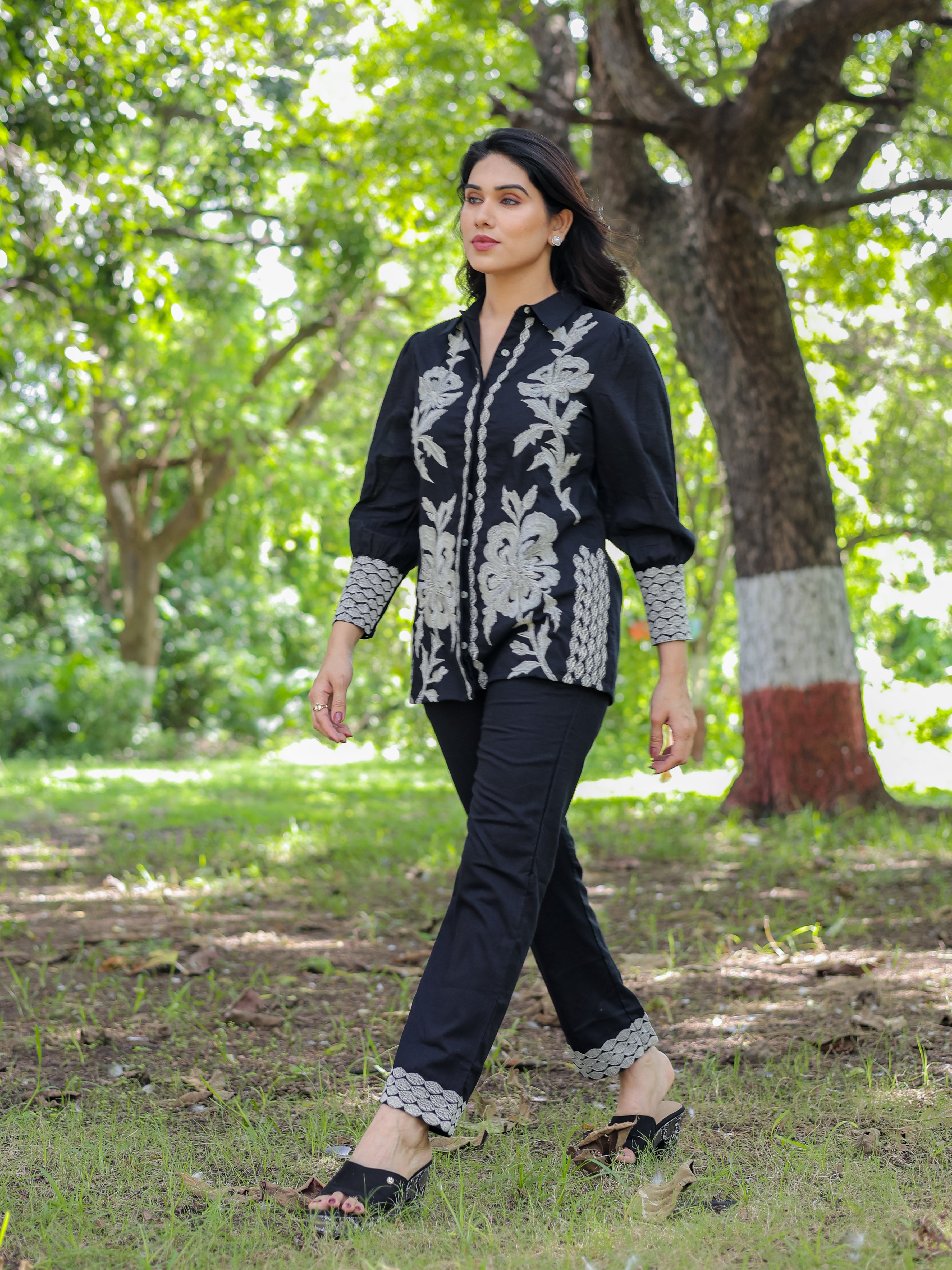 Black Floral Embroidery Cotton Co-ords Set