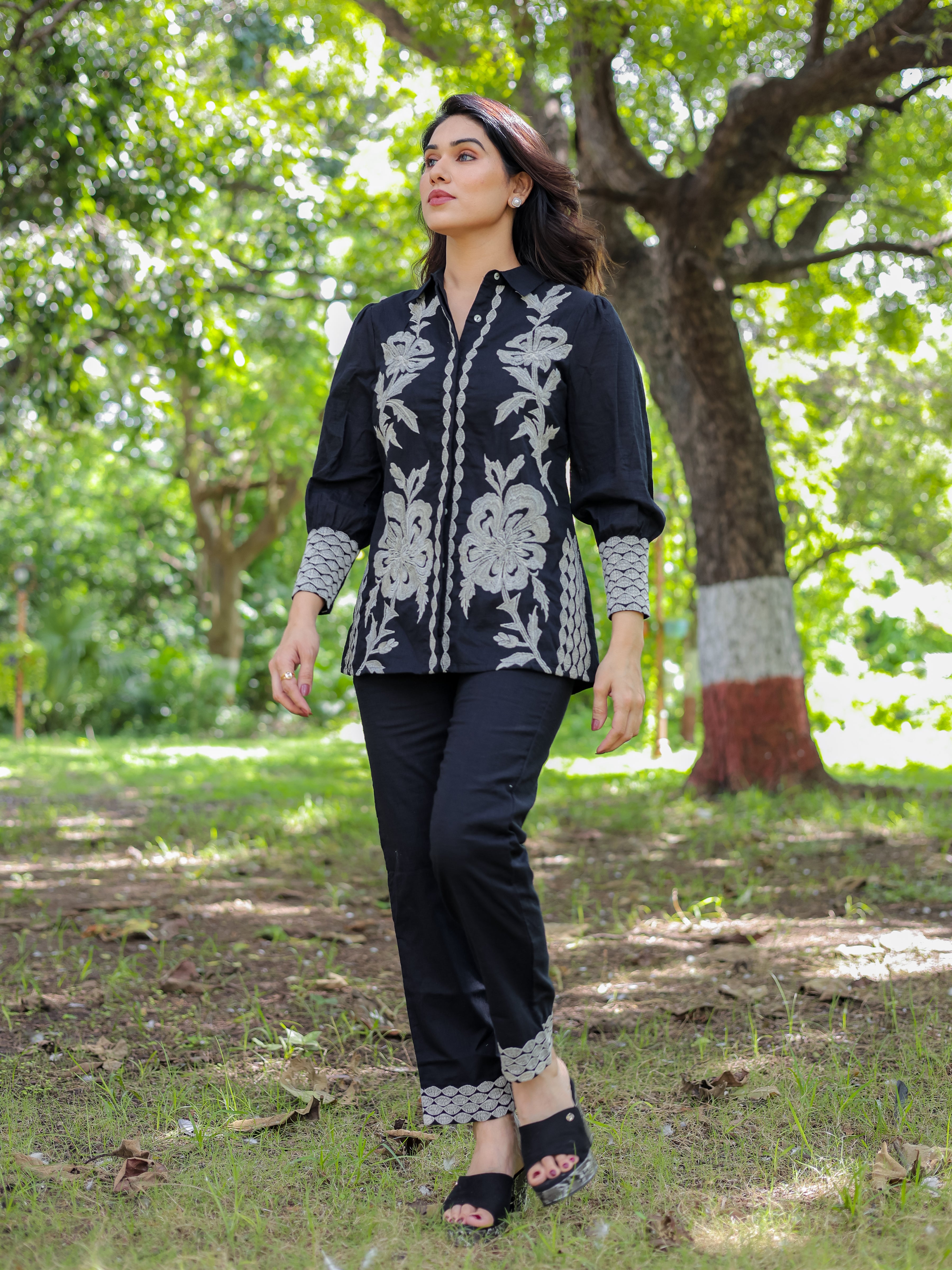 Black Floral Embroidery Cotton Co-ords Set