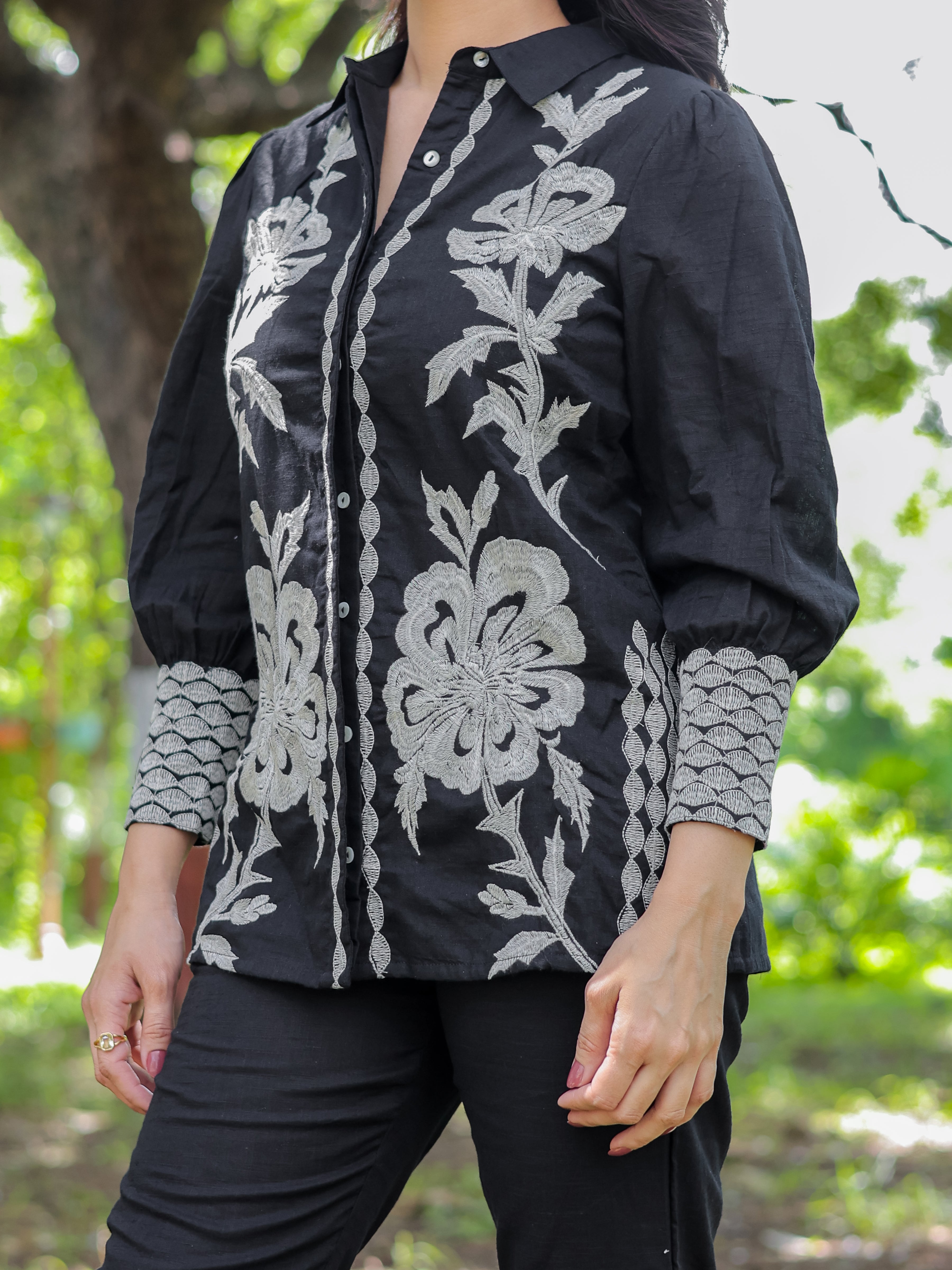 Black Floral Embroidery Cotton Co-ords Set