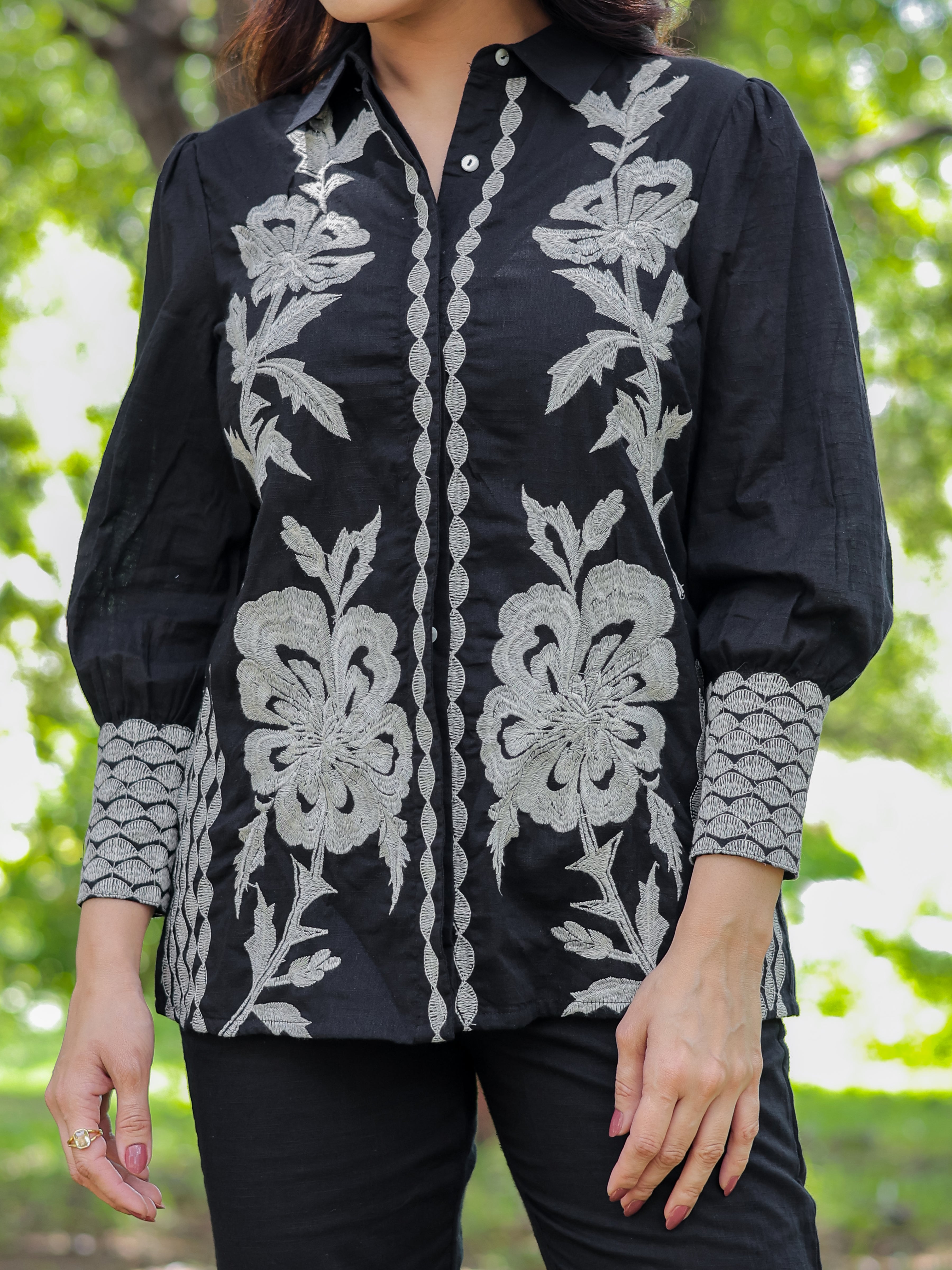 Black Floral Embroidery Cotton Co-ords Set