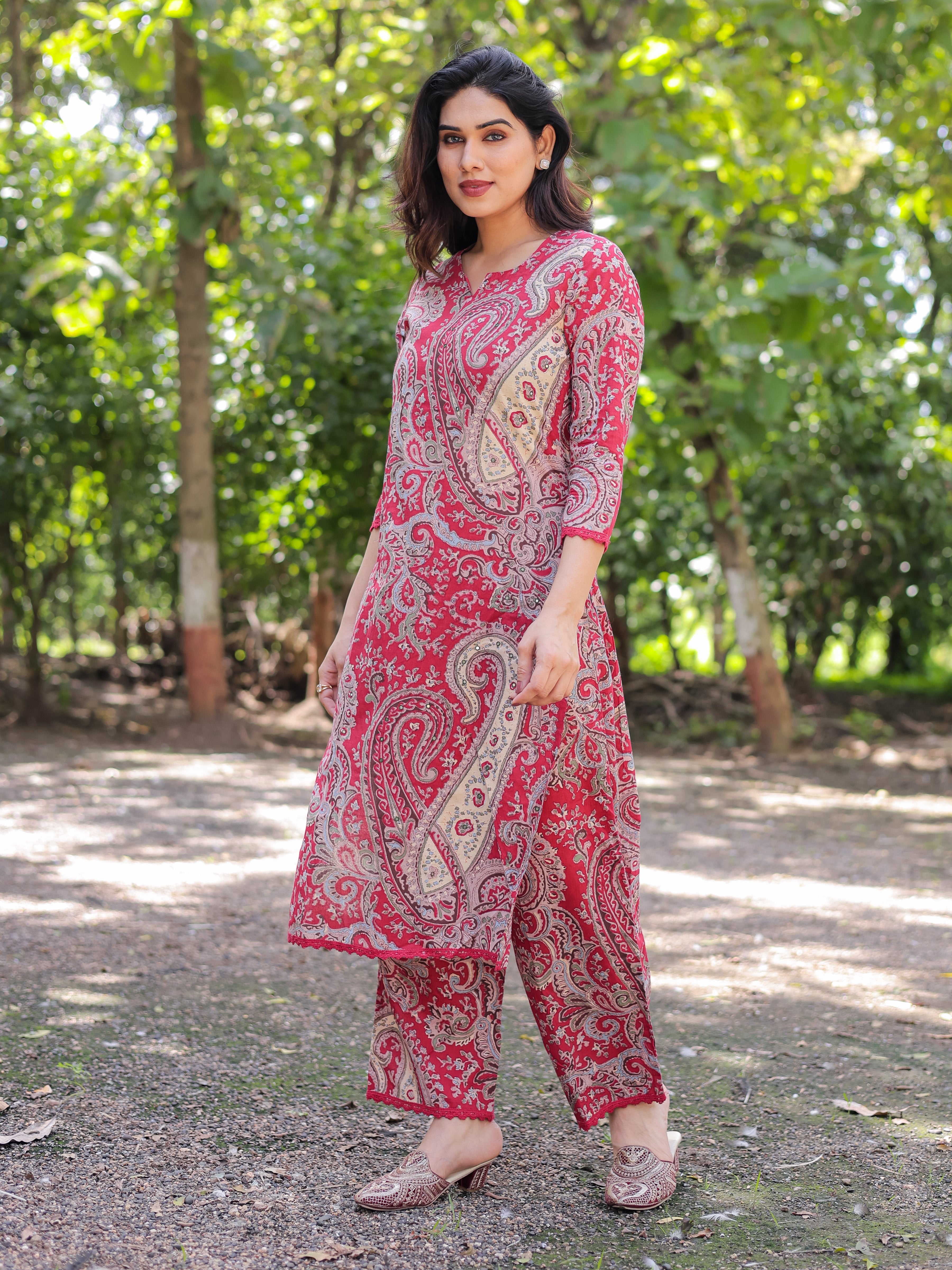 Red Ethnic Motifs Printed Cotton Kurta with Trouser Pant