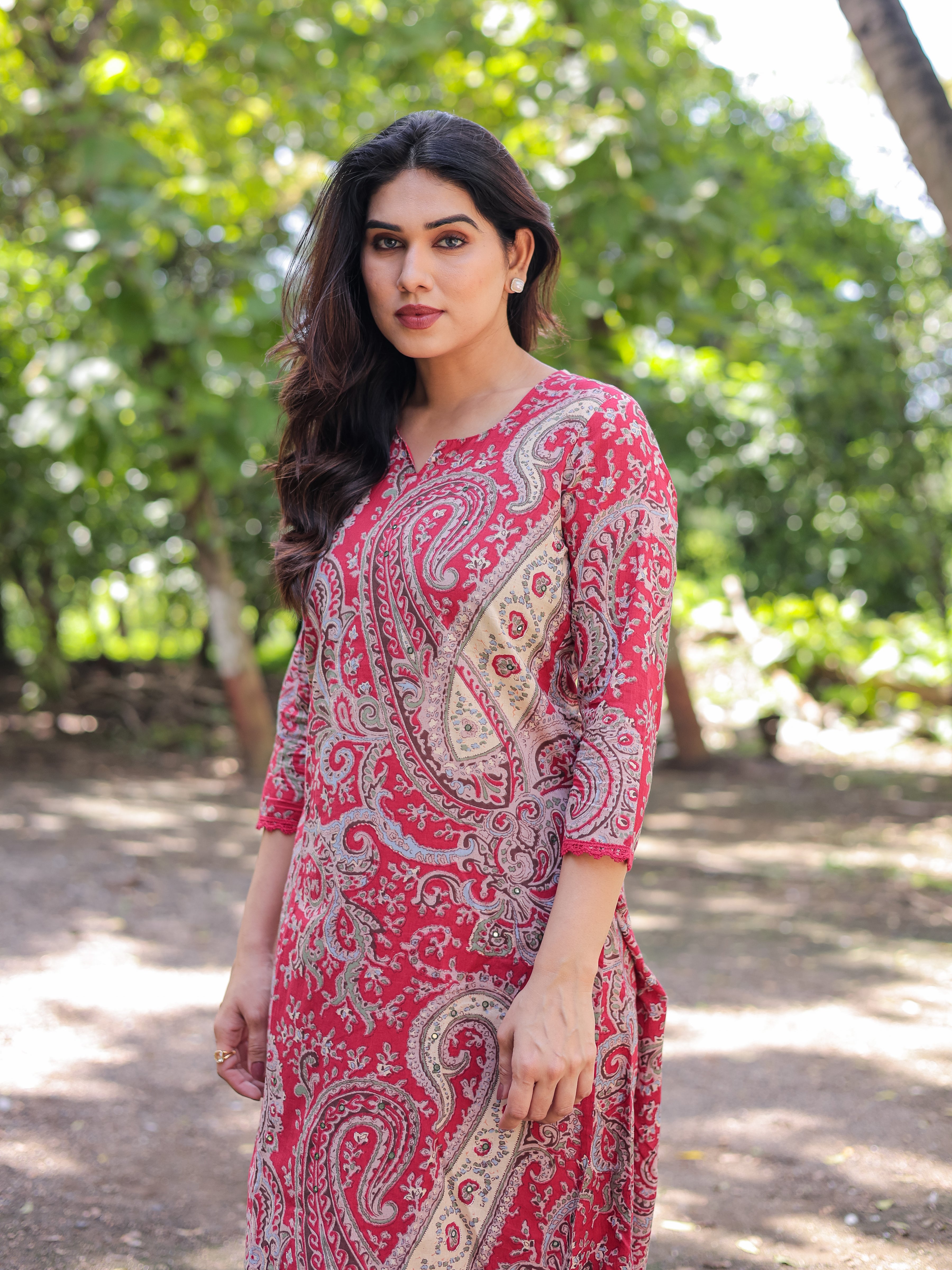 Red Ethnic Motifs Printed Cotton Kurta with Trouser Pant