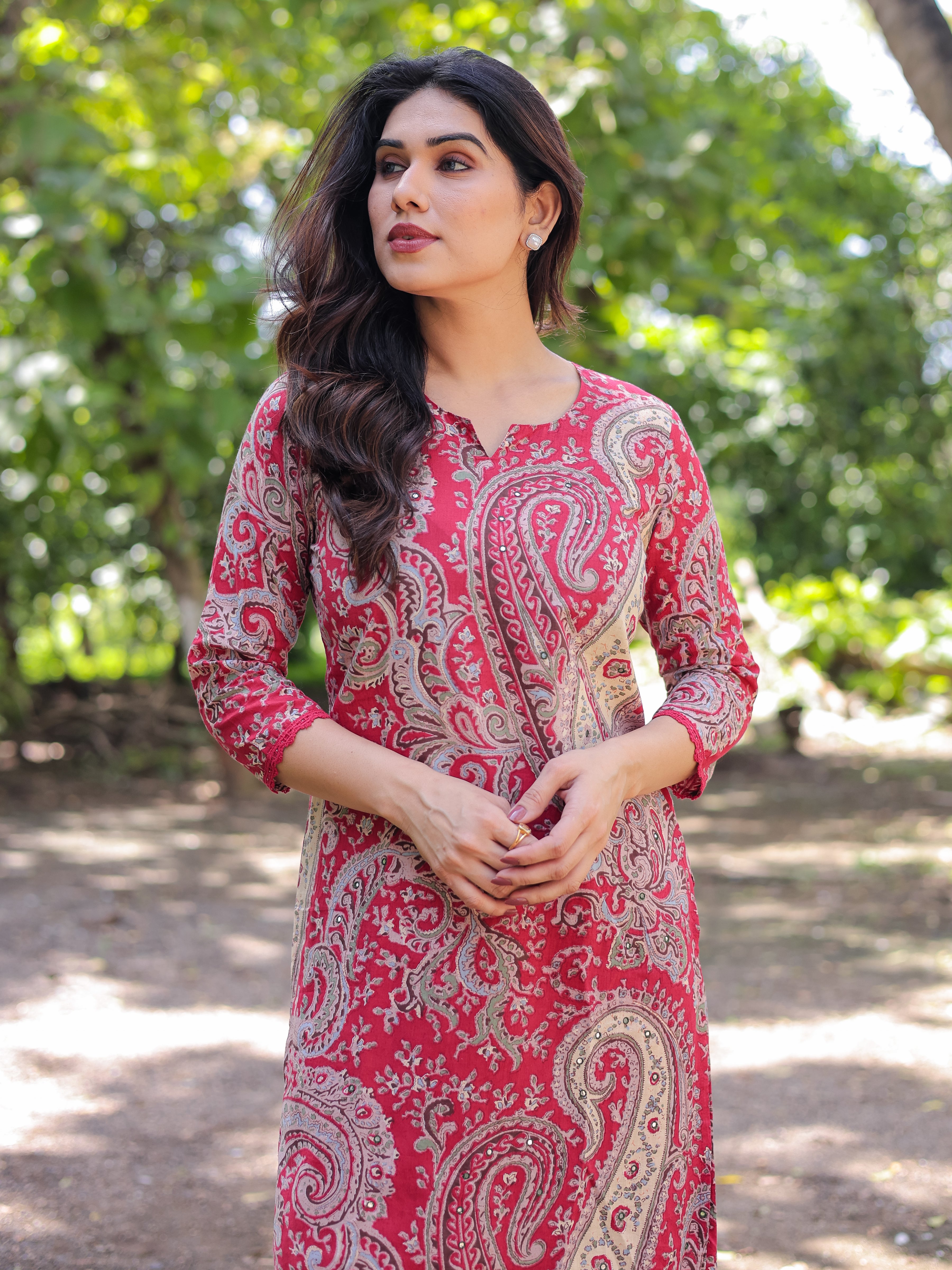 Red Ethnic Motifs Printed Cotton Kurta with Trouser Pant