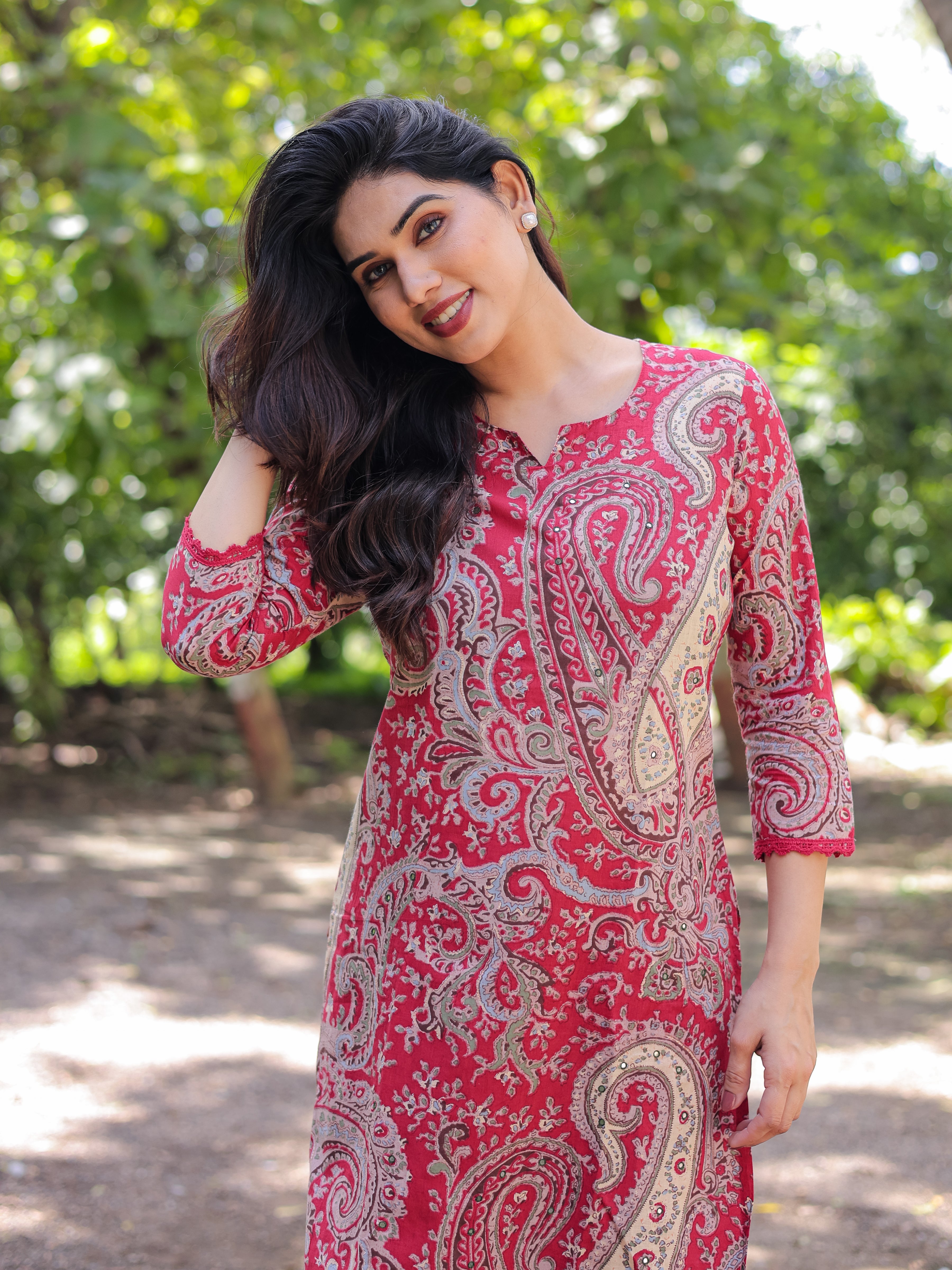 Red Ethnic Motifs Printed Cotton Kurta with Trouser Pant