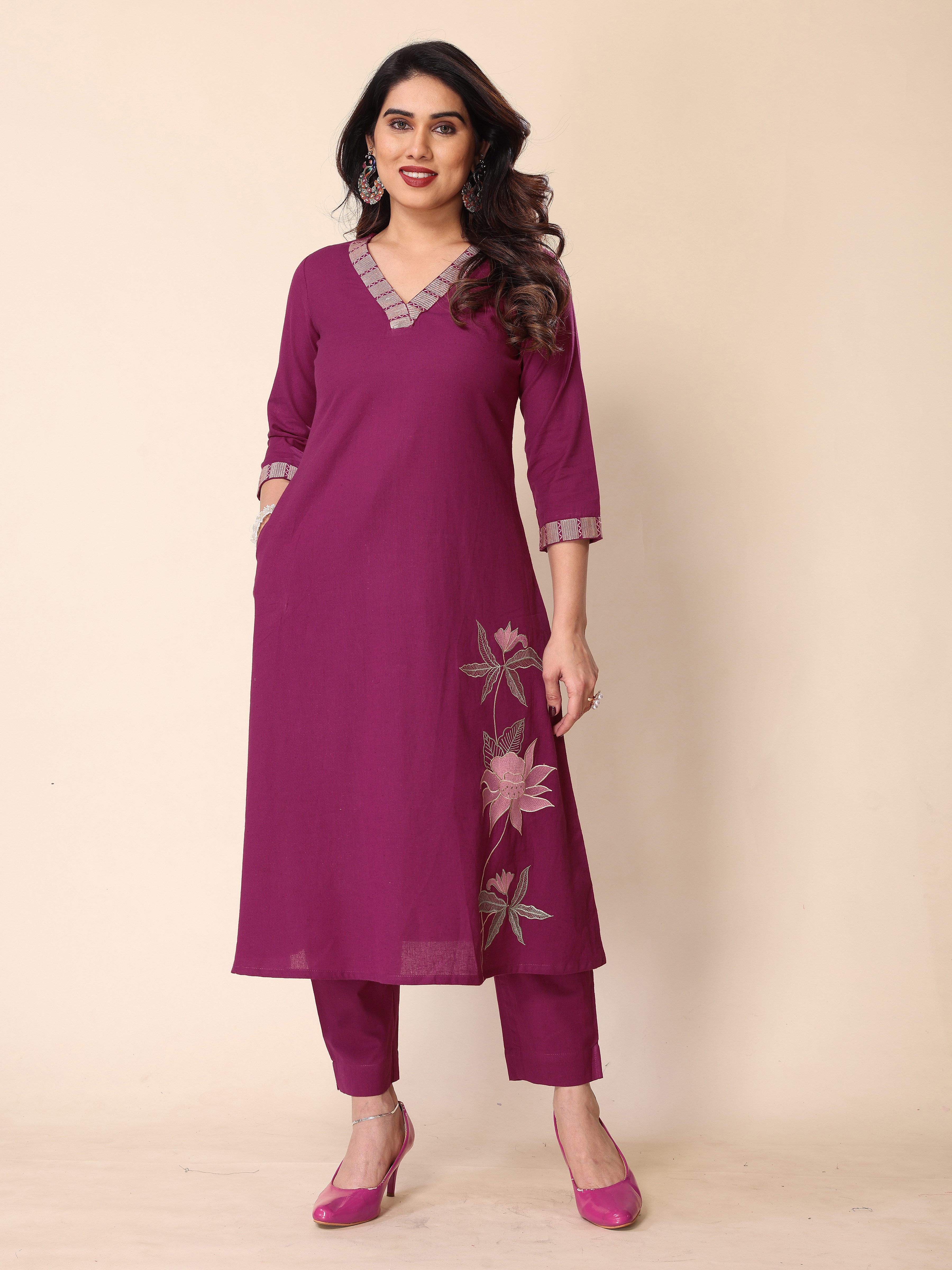 Magenta Floral Embroidery A-Line Kurta with Trousers