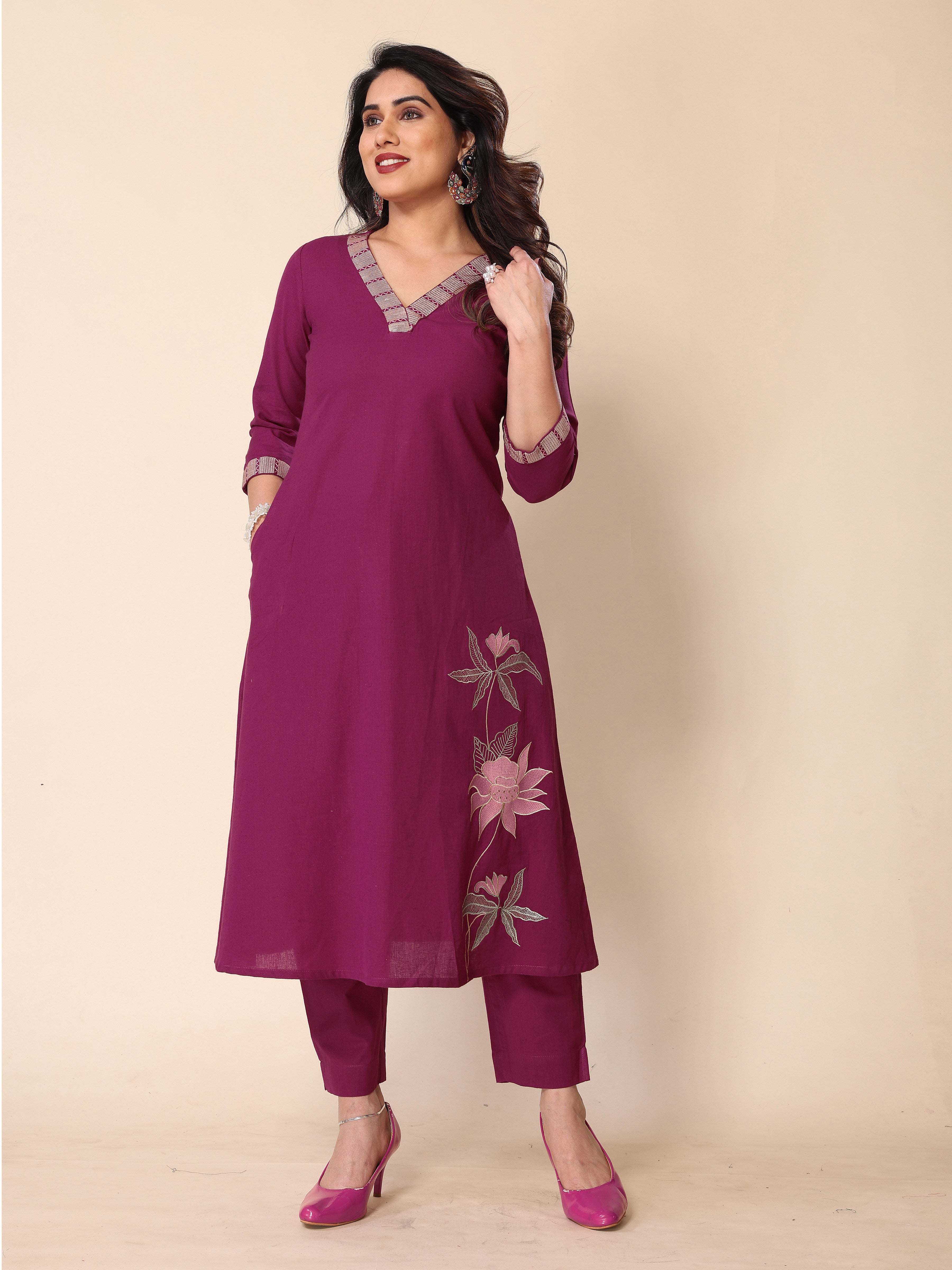 Magenta Floral Embroidery A-Line Kurta with Trousers