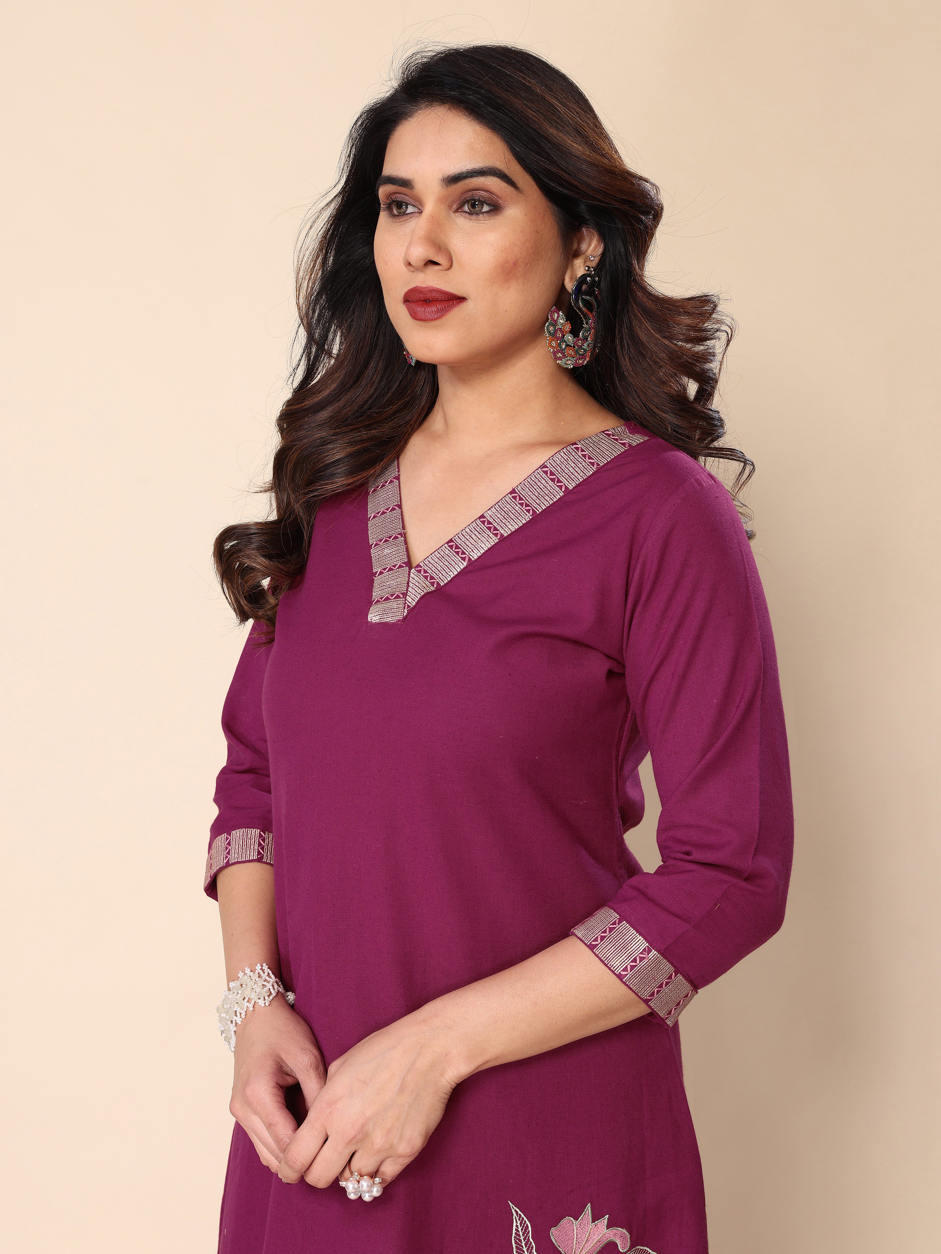 Magenta Floral Embroidery A-Line Kurta with Trousers