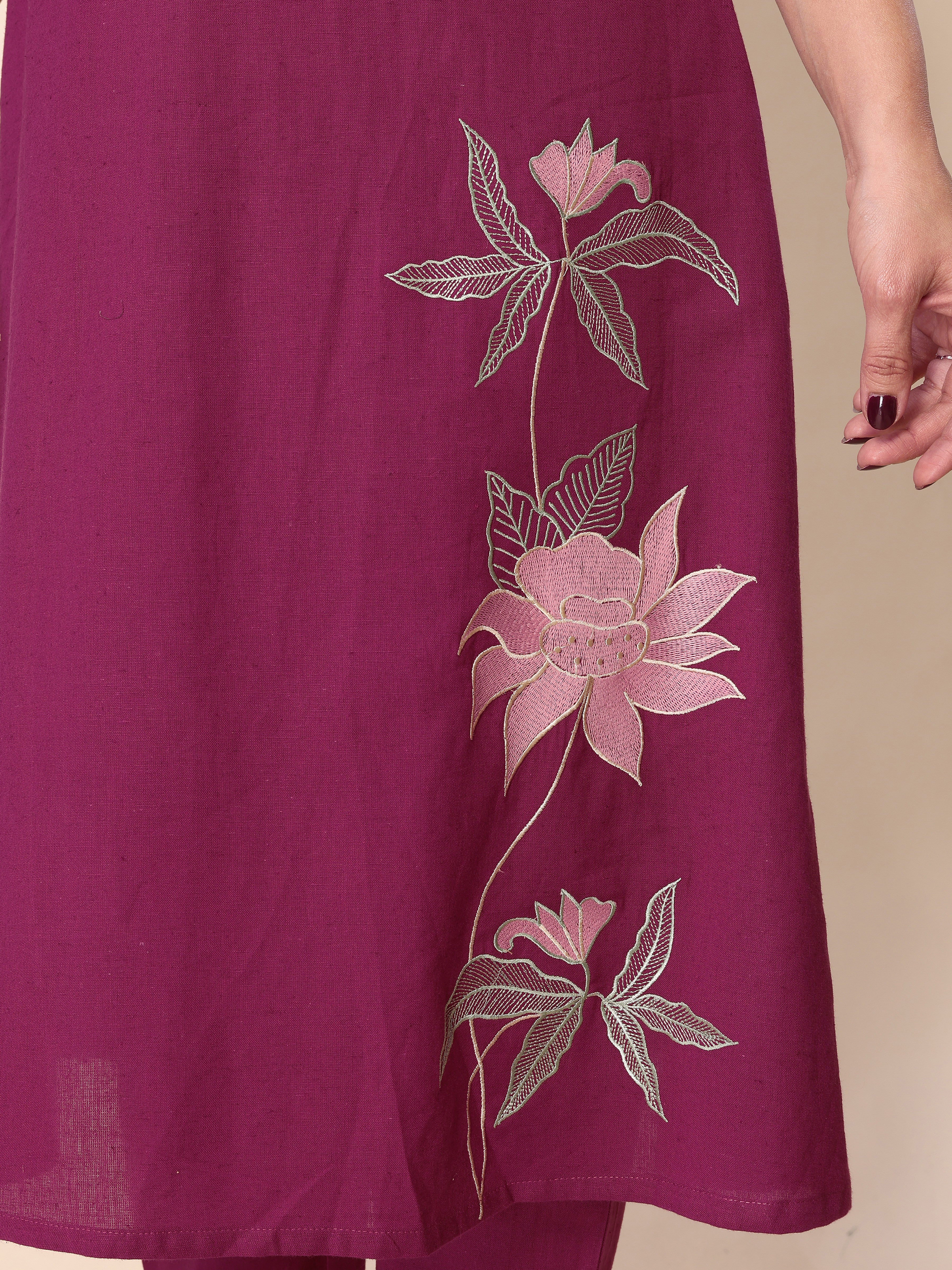 Magenta Floral Embroidery A-Line Kurta with Trousers