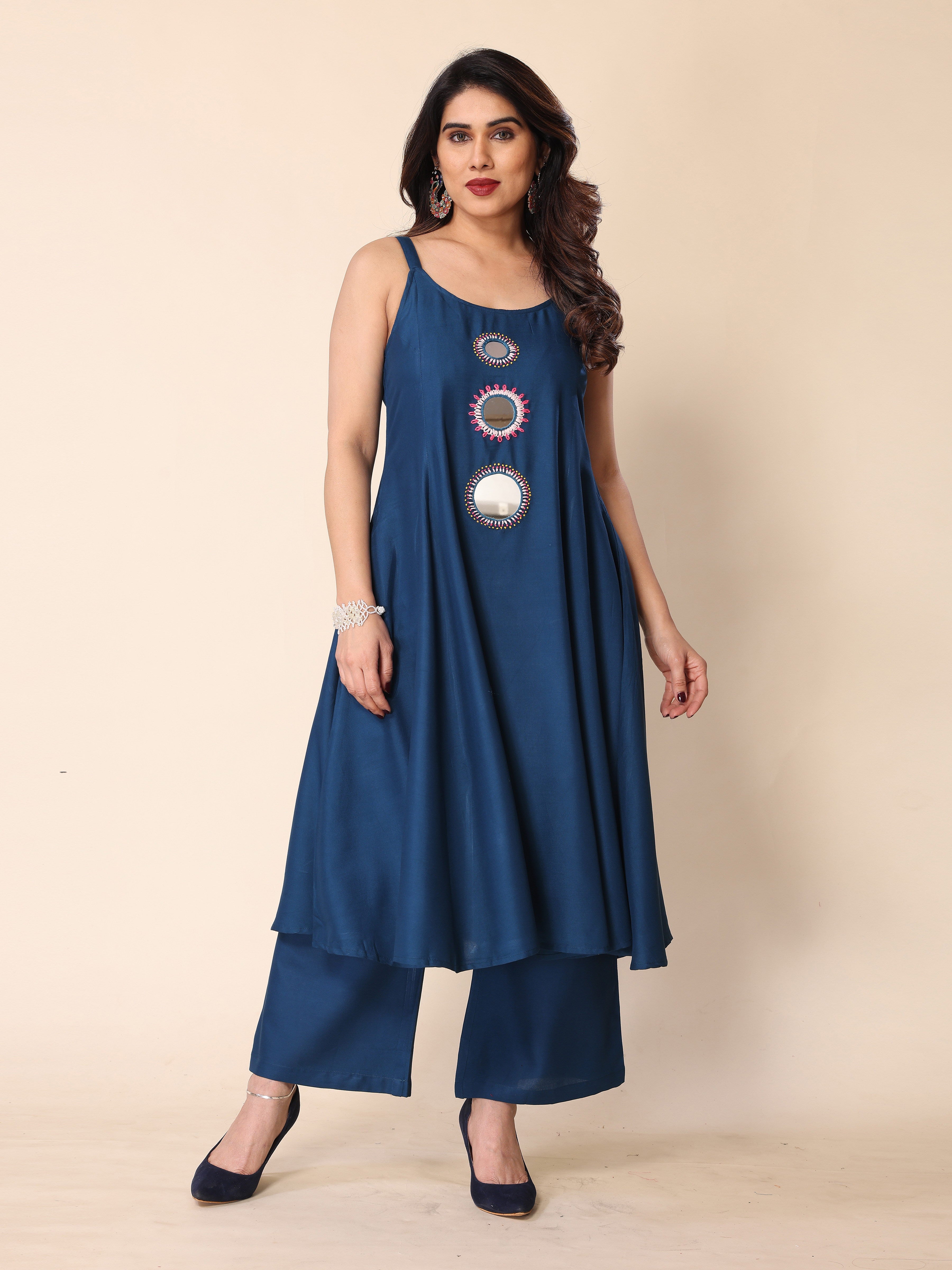 Cyan Blue Hand Mirror Embroidery A-Line Sleeveless Kurta with Trousers