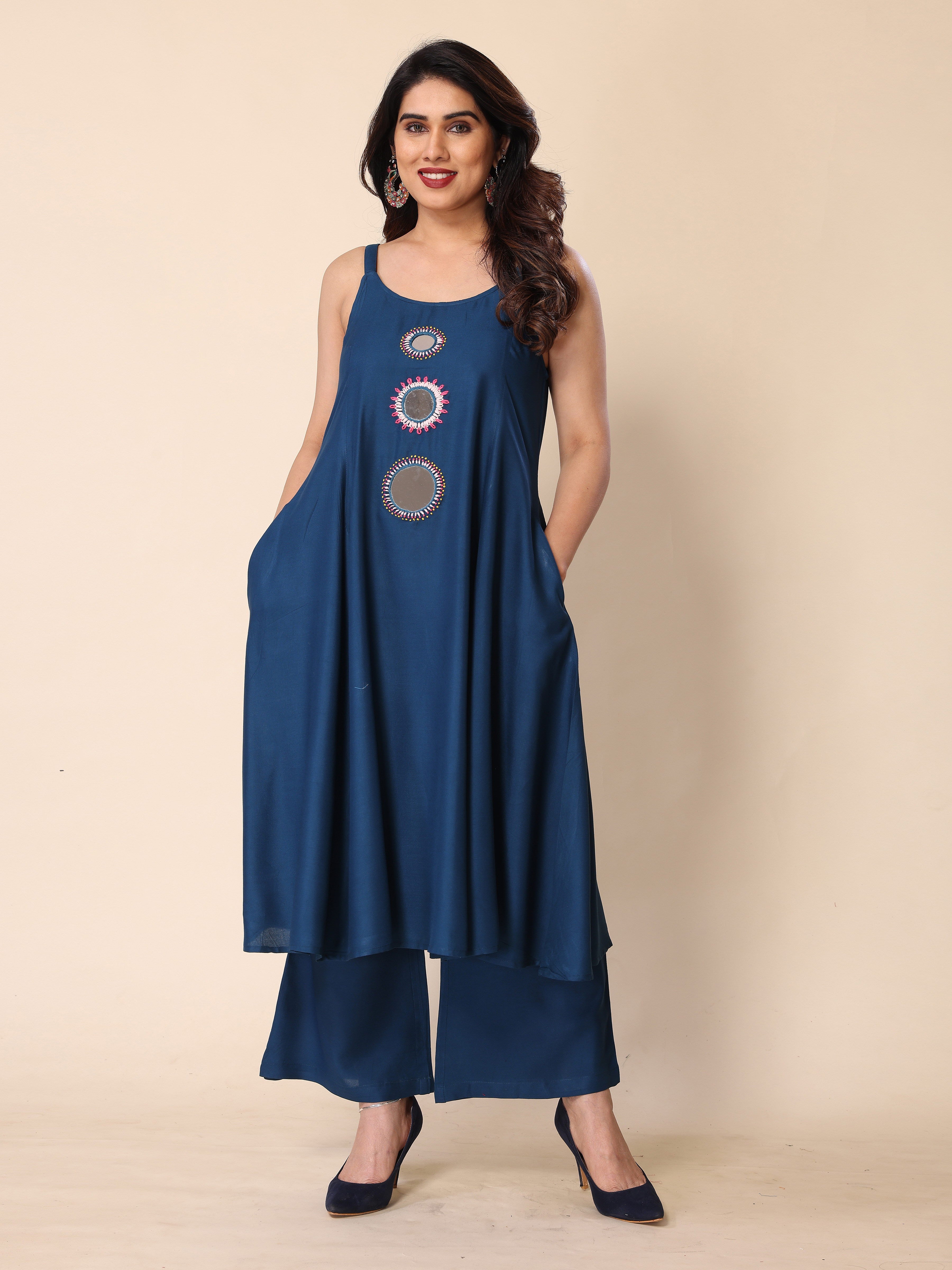 Cyan Blue Hand Mirror Embroidery A-Line Sleeveless Kurta with Trousers