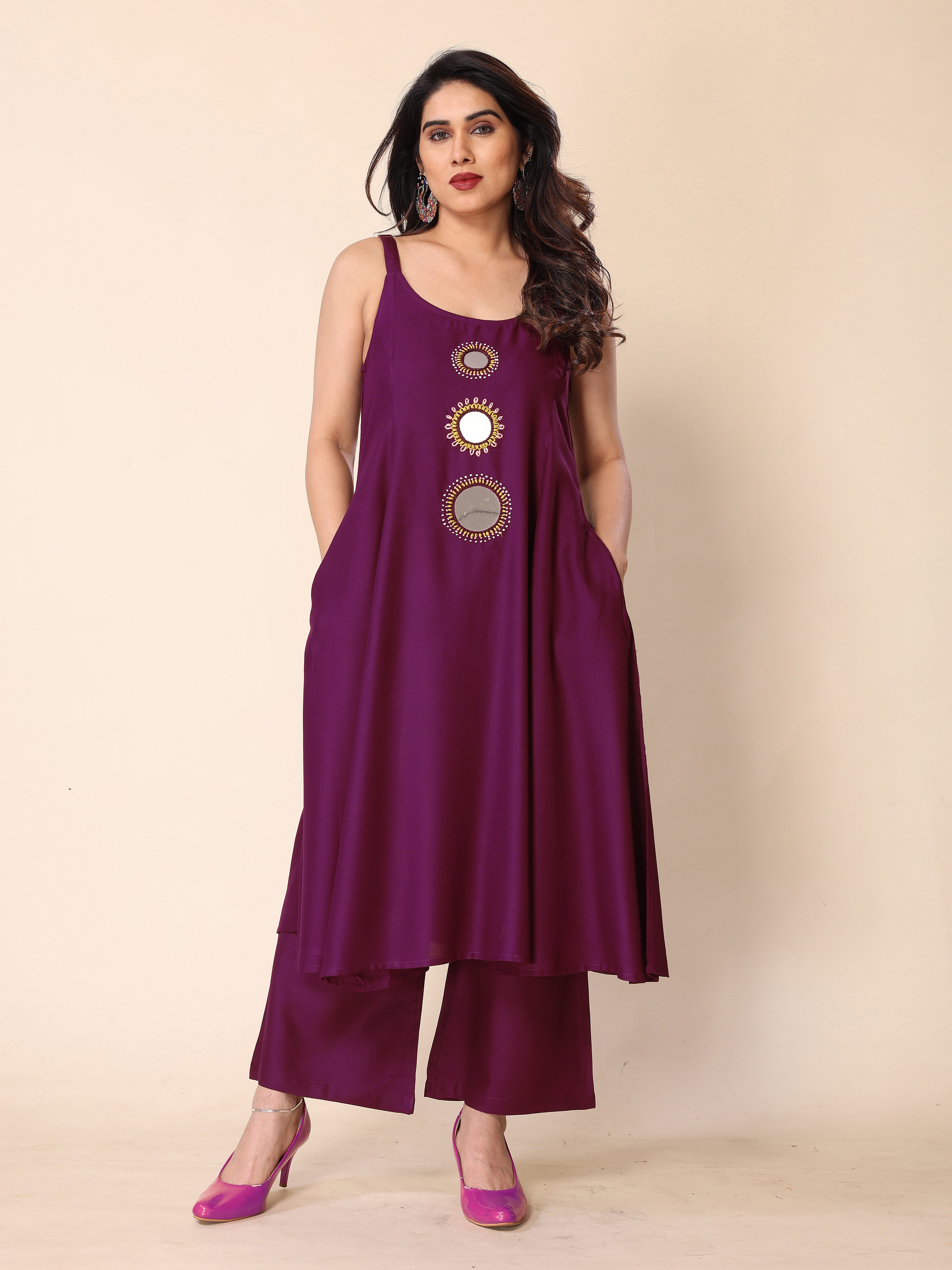 Purple Hand Mirror Embroidery A-Line Sleeveless Kurta with Trousers