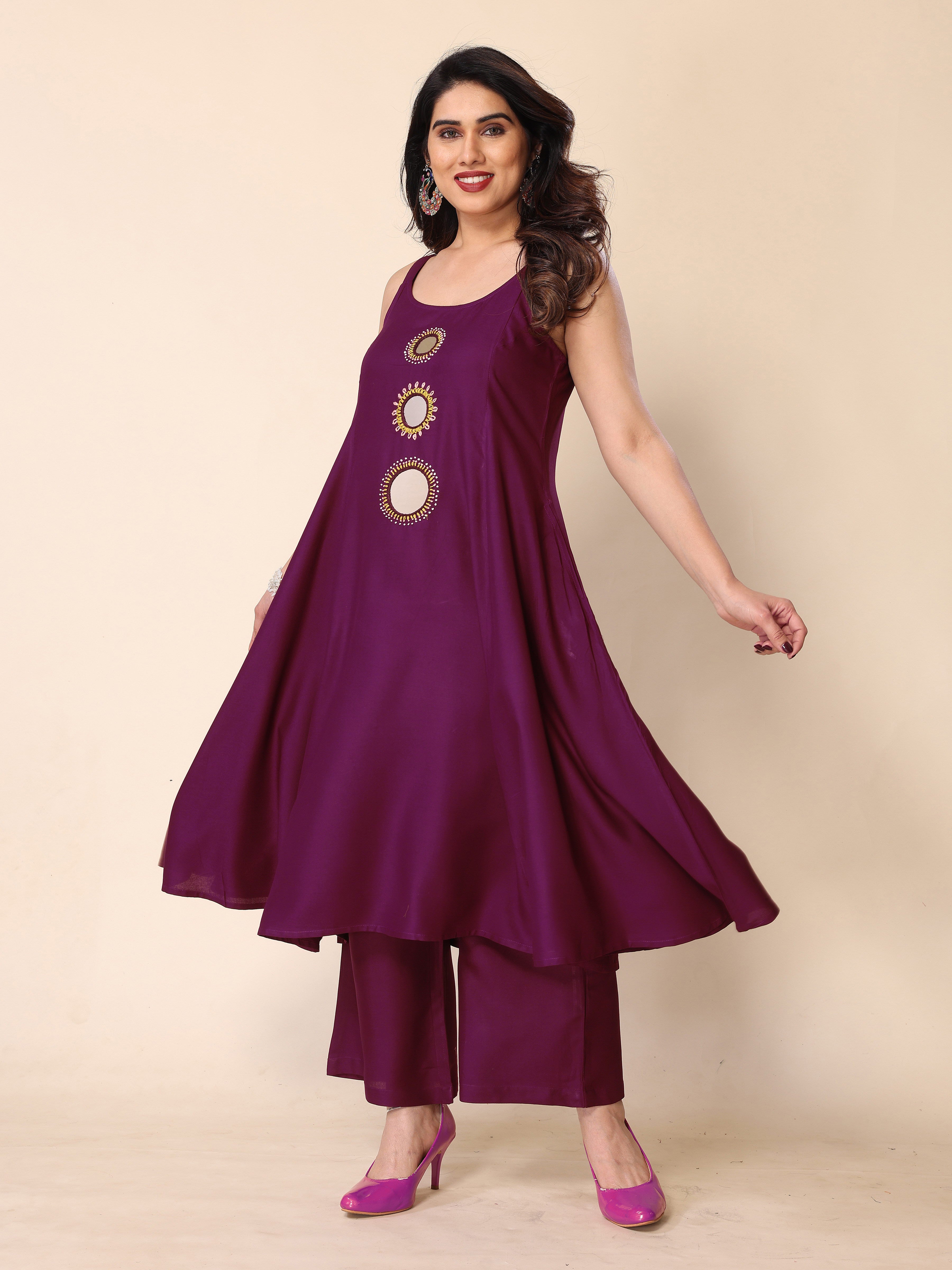 Purple Hand Mirror Embroidery A-Line Sleeveless Kurta with Trousers