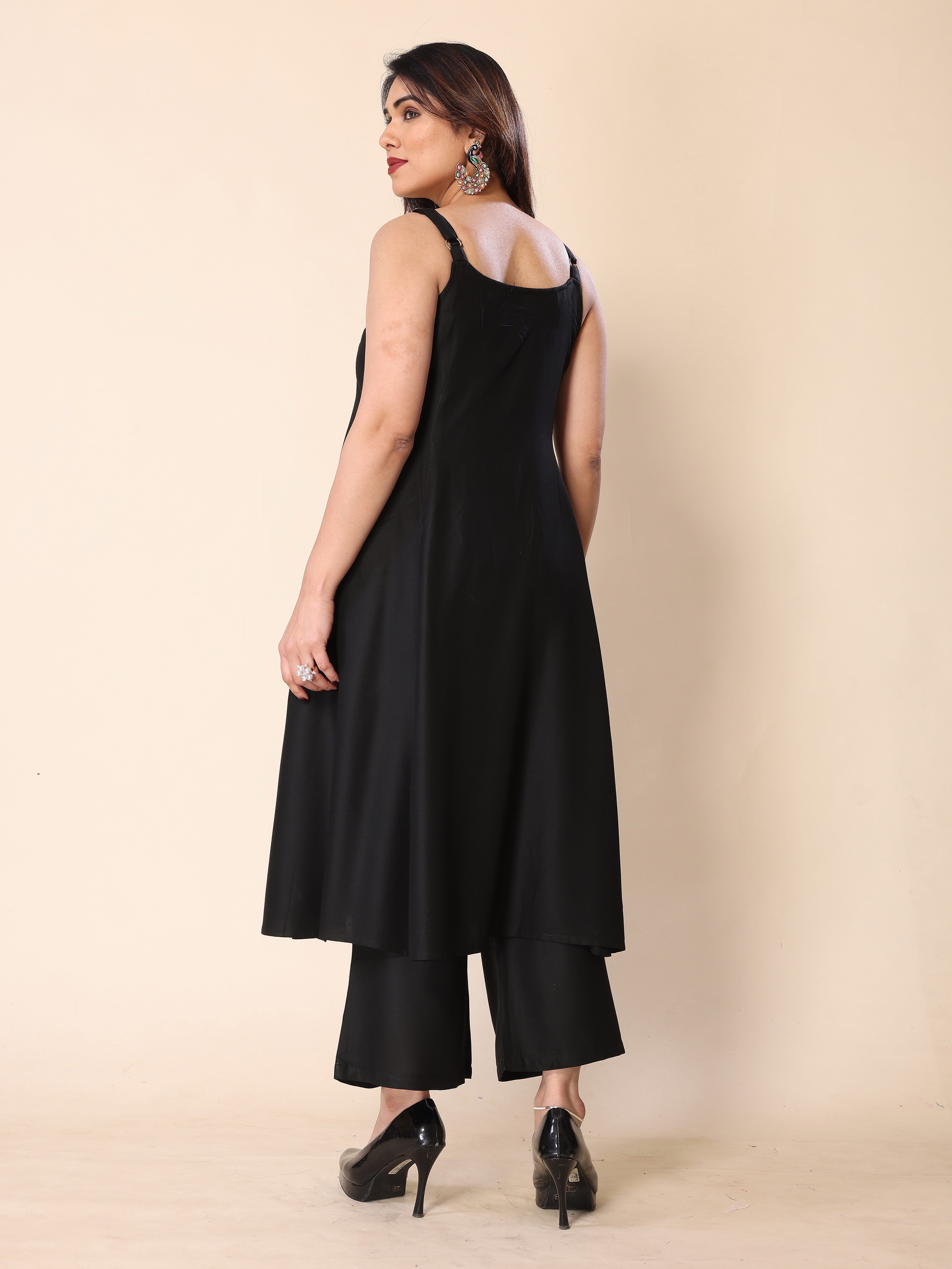 Black Hand Mirror Embroidery A-Line Sleeveless Kurta with Trousers