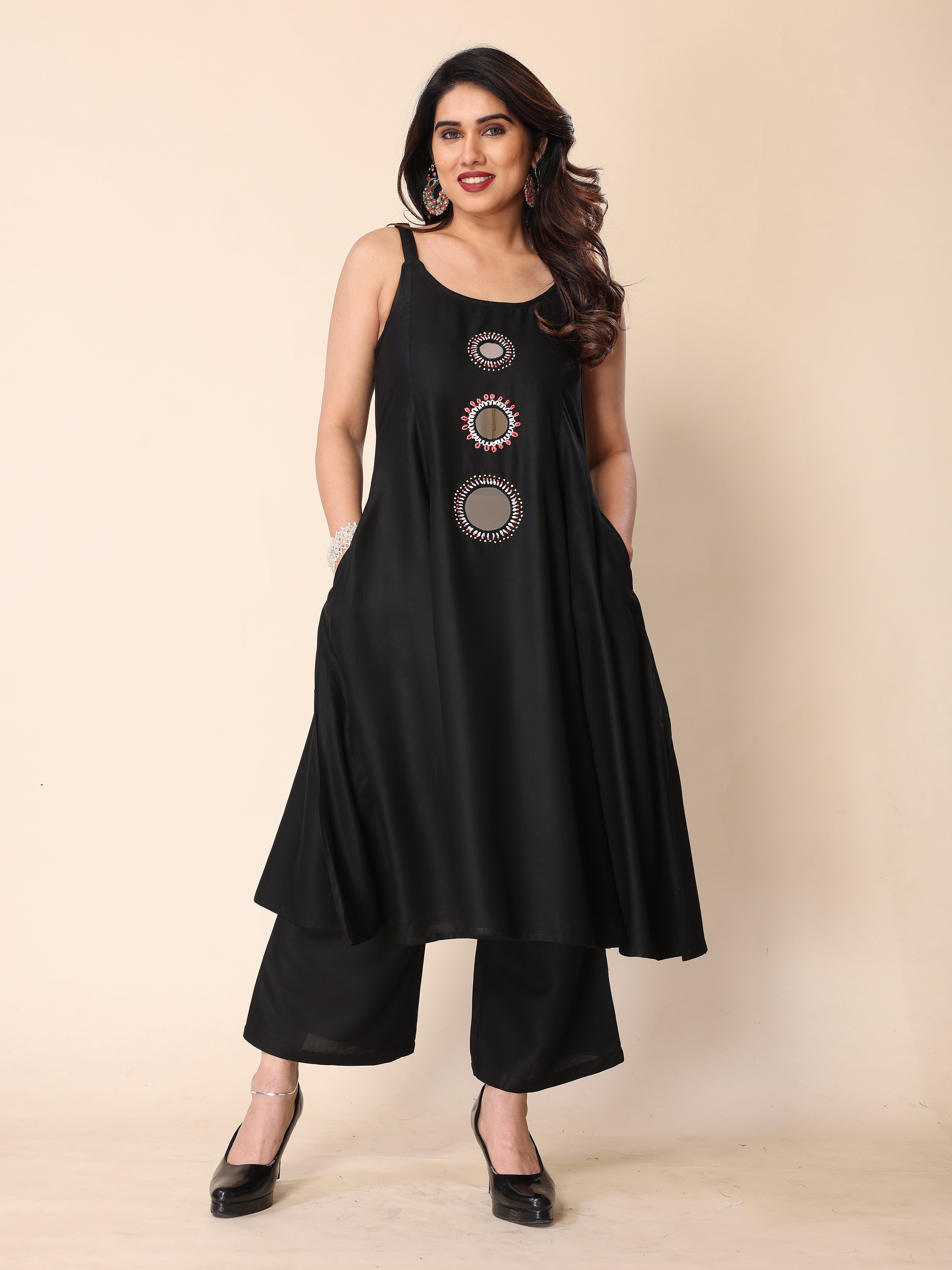 Black Hand Mirror Embroidery A-Line Sleeveless Kurta with Trousers