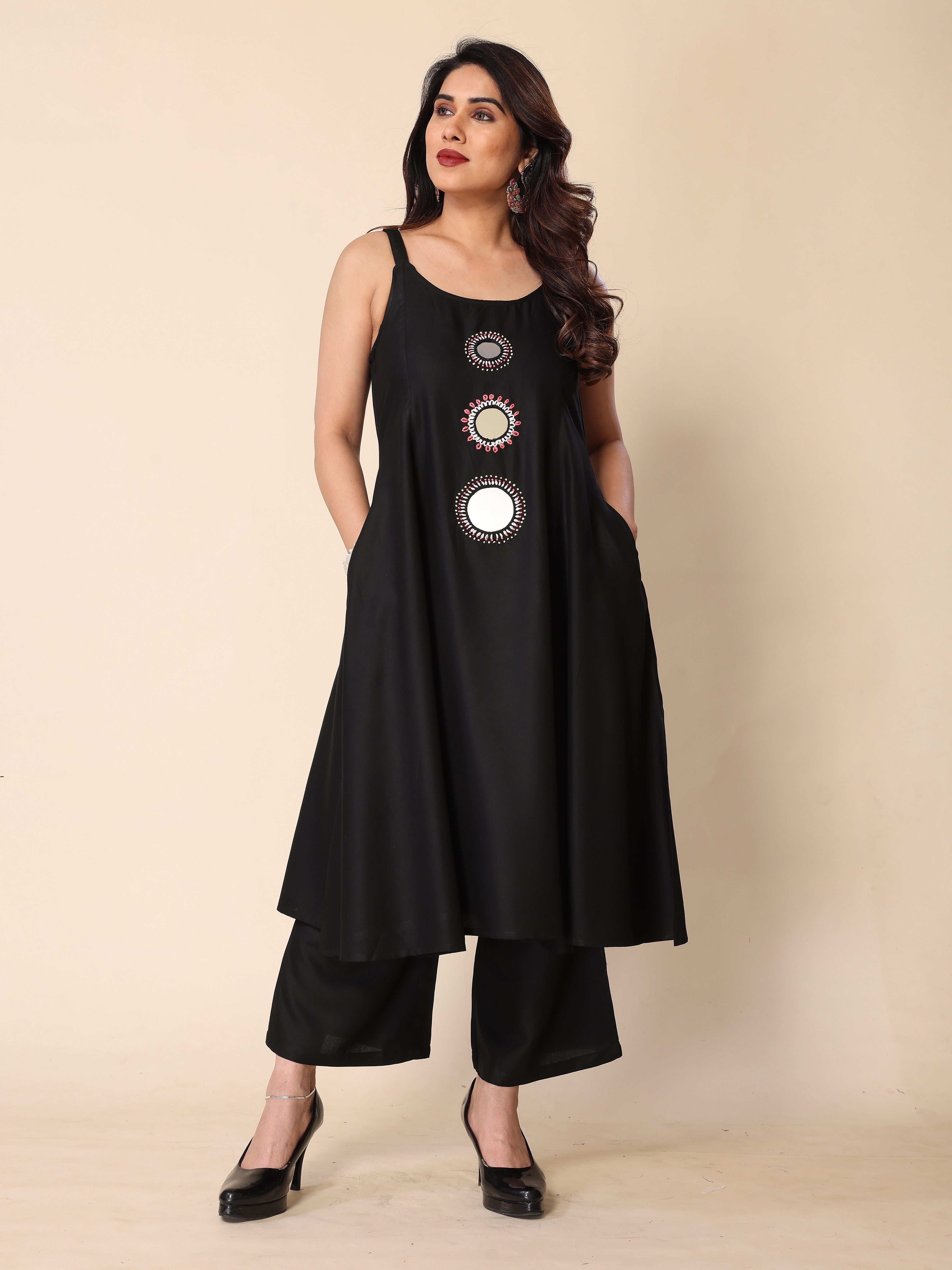 Black Hand Mirror Embroidery A-Line Sleeveless Kurta with Trousers