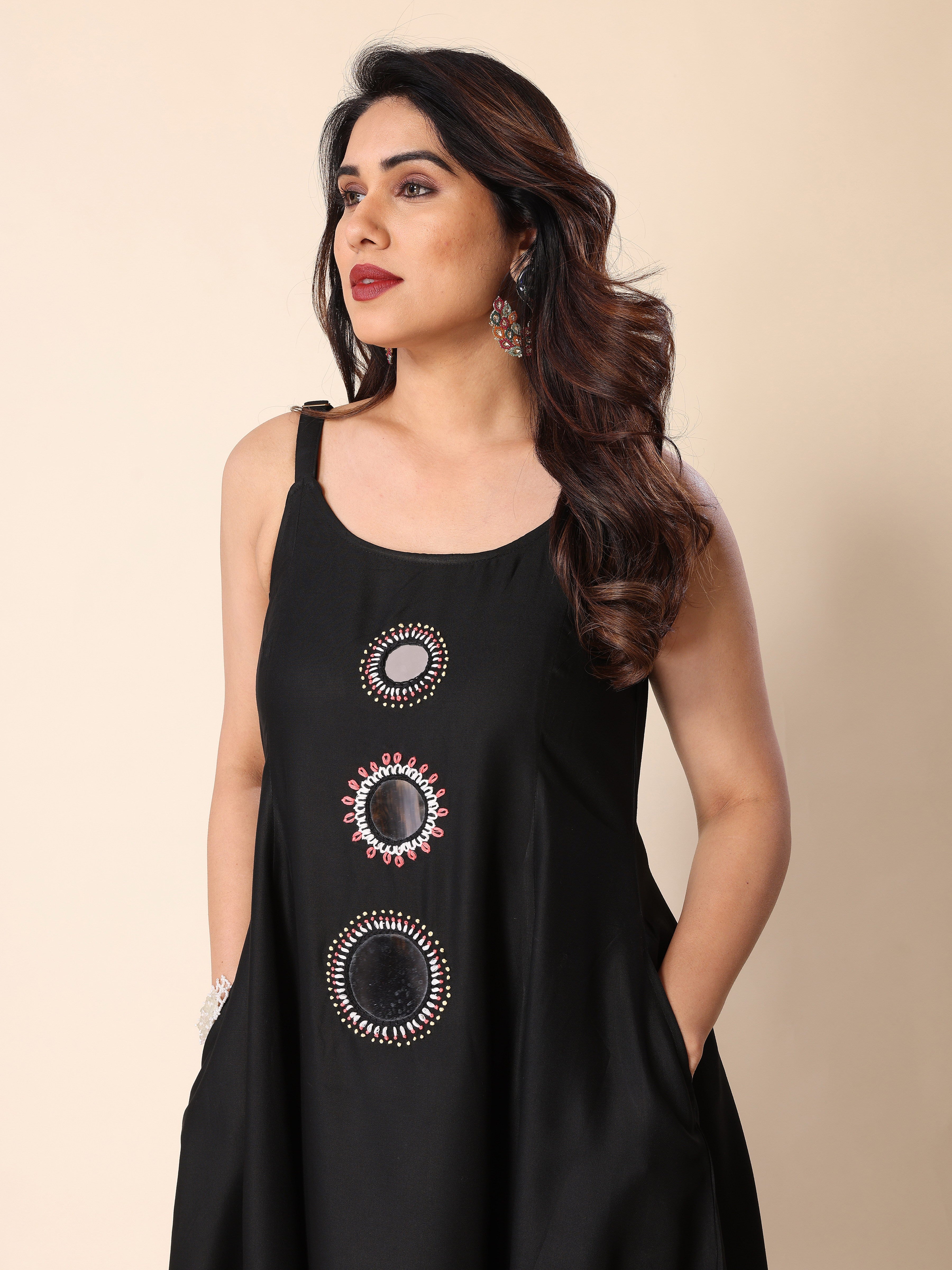 Black Hand Mirror Embroidery A-Line Sleeveless Kurta with Trousers