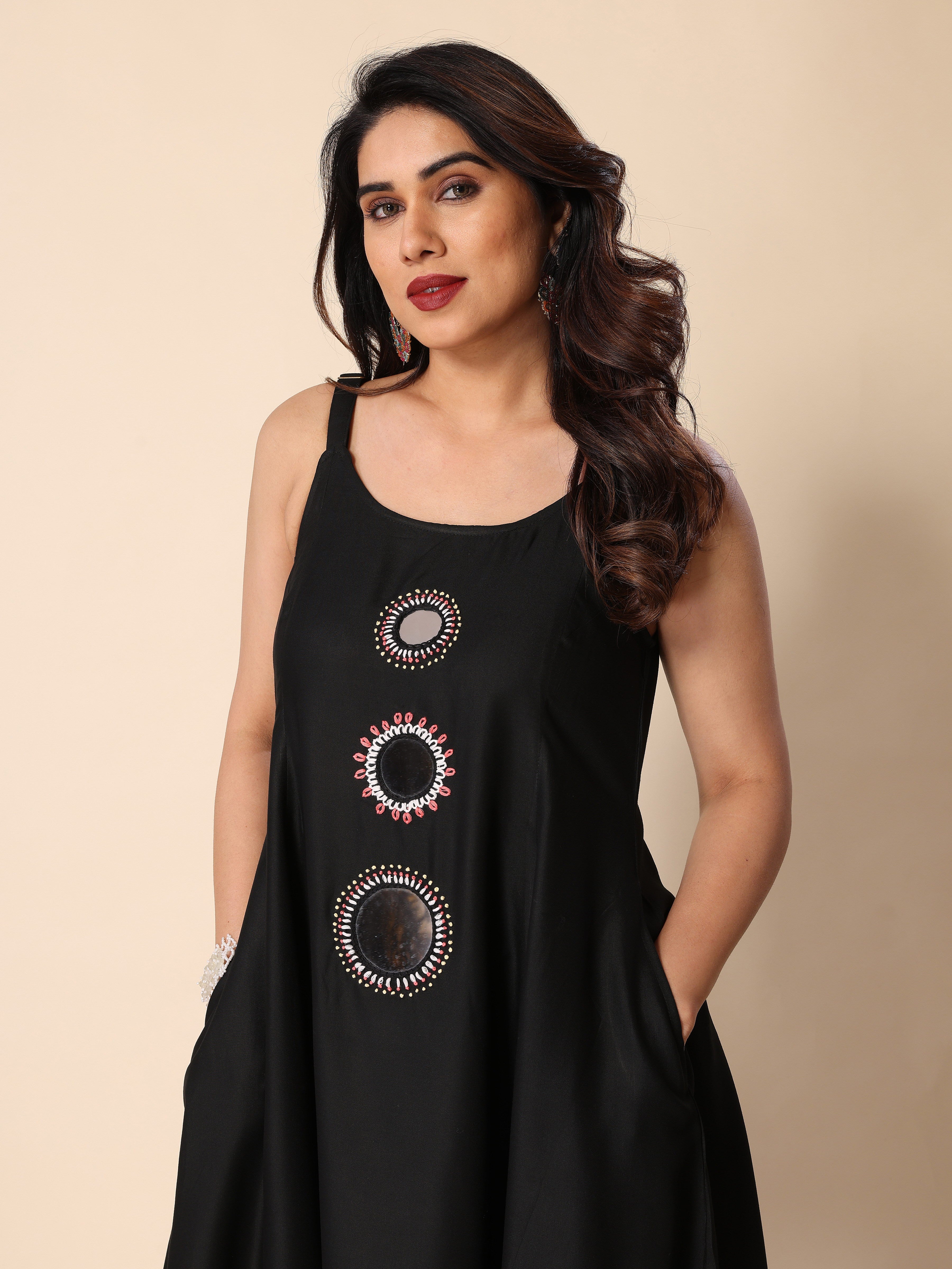 Black Hand Mirror Embroidery A-Line Sleeveless Kurta with Trousers