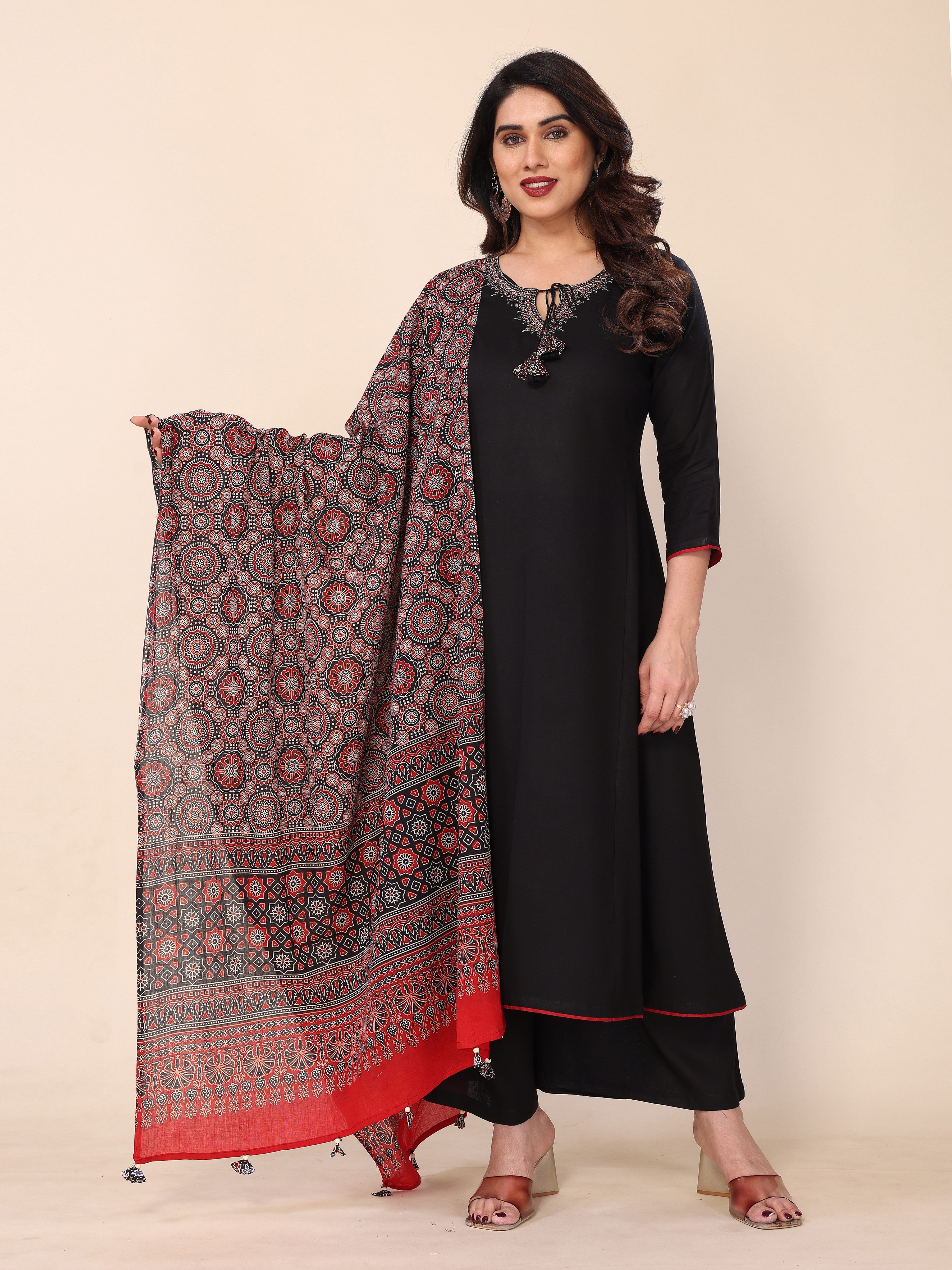 Black Kurta Palazzo Set with Ajrakh Print Dupatta – A Fusion of Tradition and Style